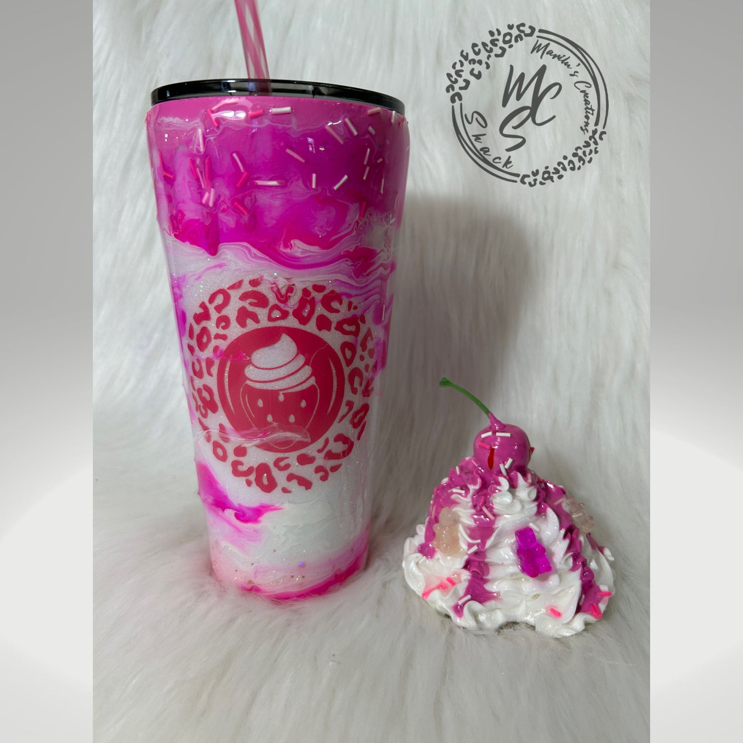 Berries and Cream mocha 3D Custom Tumbler, whipped cream with cherry top and gummy bears topper glitter tumbler with pink dripping sprinkles