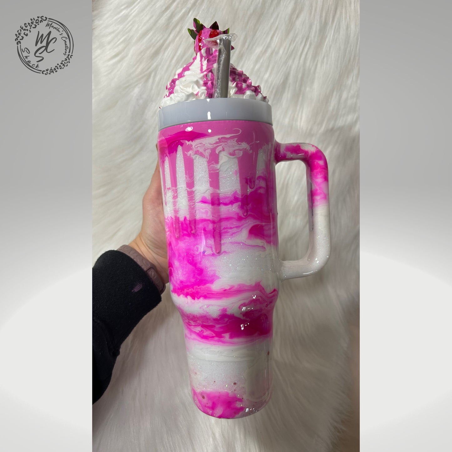 Berries and Cream mocha 3D Custom Tumbler, whipped cream with cherry top and gummy bears topper glitter tumbler with pink dripping sprinkles