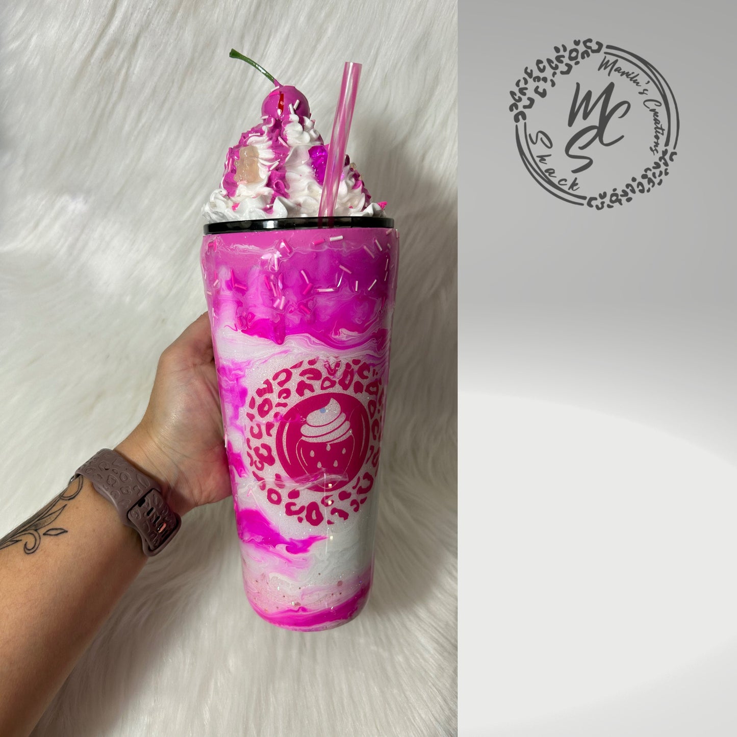 Berries and Cream mocha 3D Custom Tumbler, whipped cream with cherry top and gummy bears topper glitter tumbler with pink dripping sprinkles