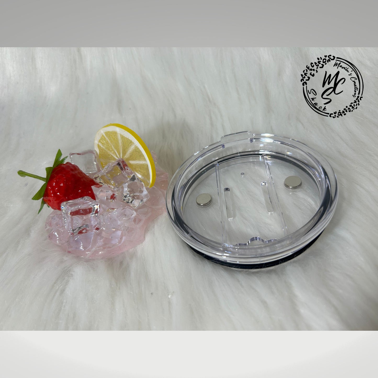 Strawberry Lemon and ice removable toppers and lid for different size tumblers. Fruit and Ice topper replacement lid. Tumbler top