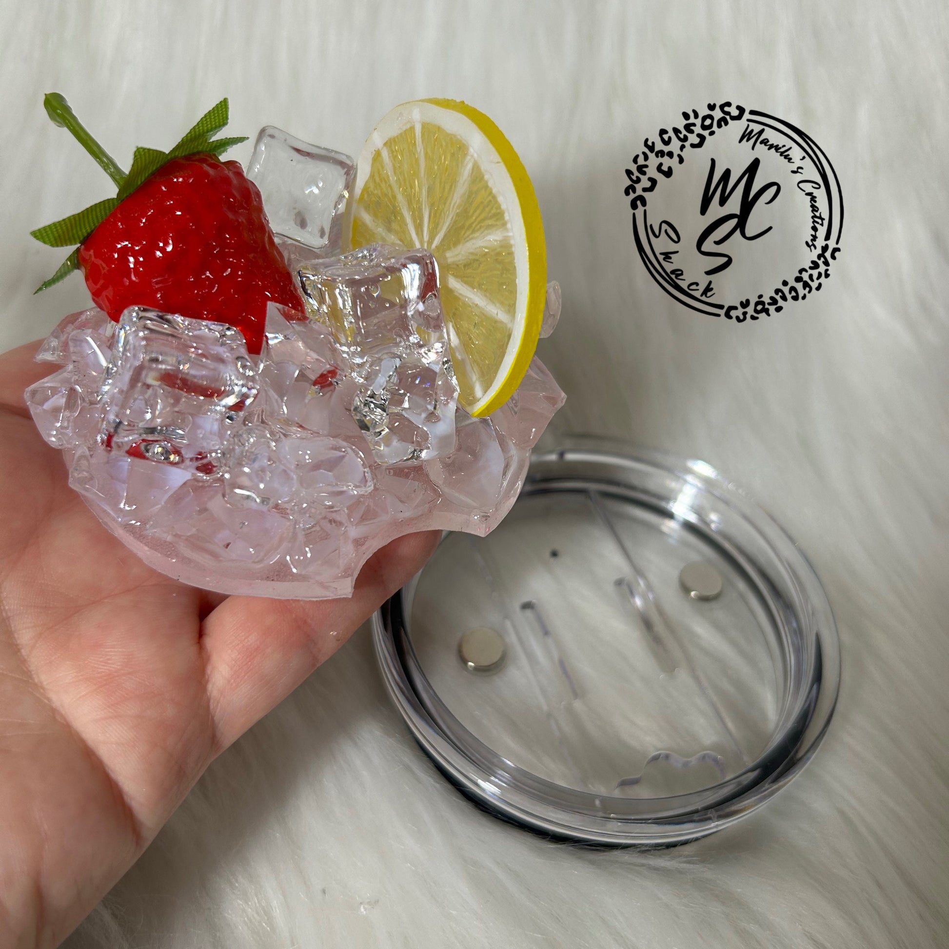 Strawberry Lemon and ice removable toppers and lid for different size tumblers. Fruit and Ice topper replacement lid. Tumbler top
