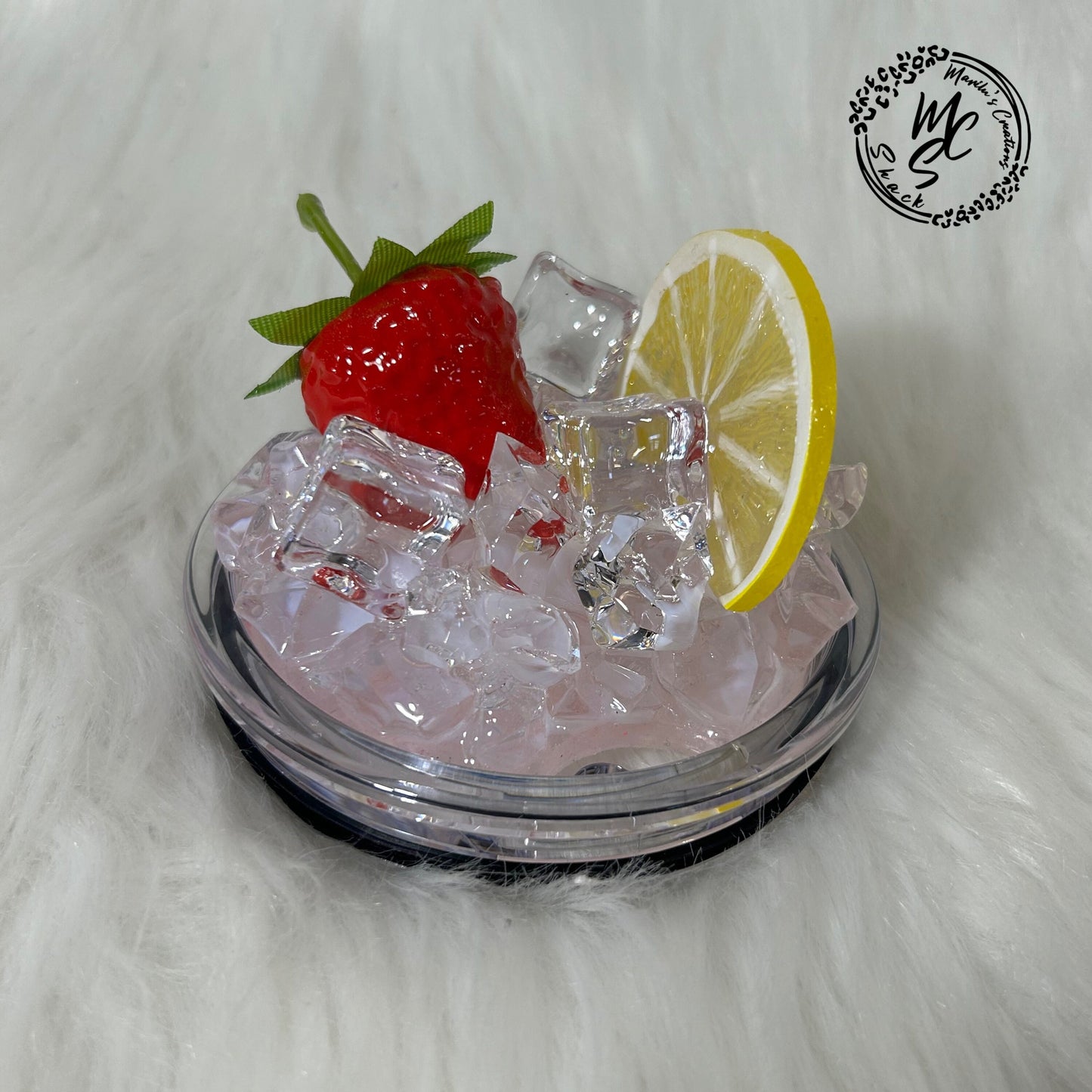 Strawberry Lemon and ice removable toppers and lid for different size tumblers. Fruit and Ice topper replacement lid. Tumbler top