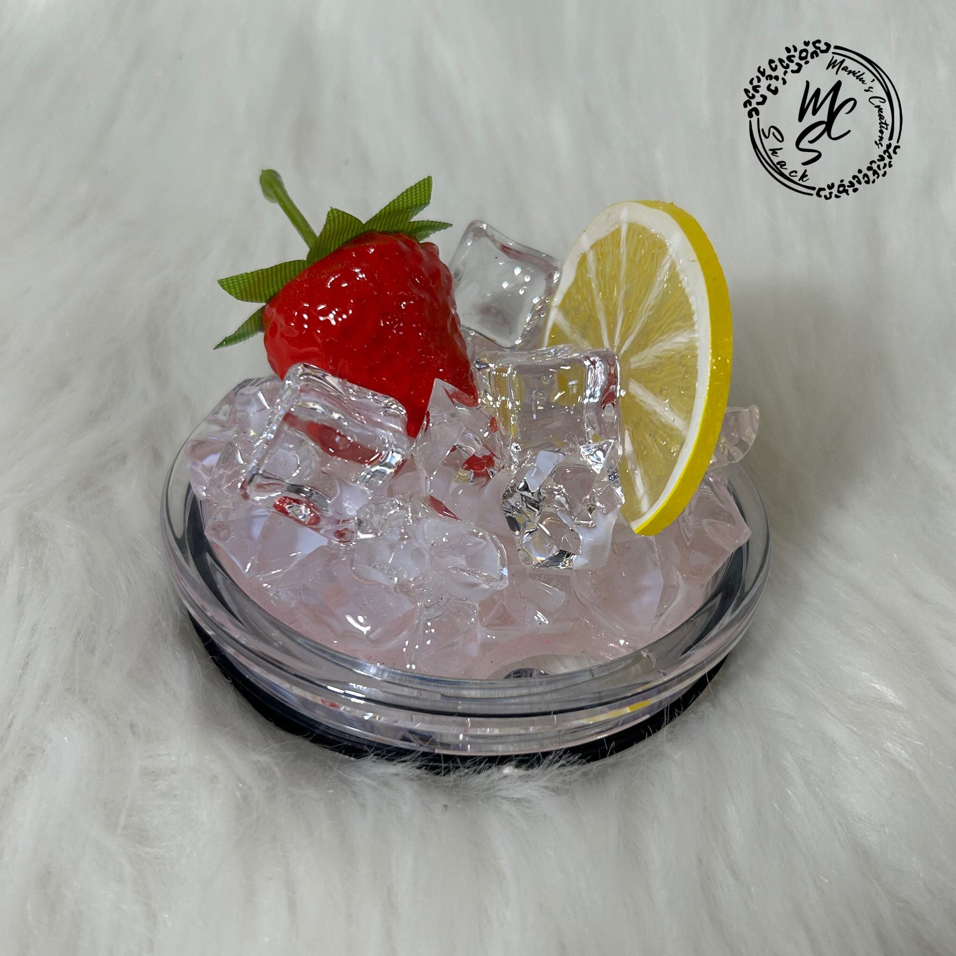 Strawberry Lemon and ice removable toppers and lid for different size tumblers. Fruit and Ice topper replacement lid. Tumbler top