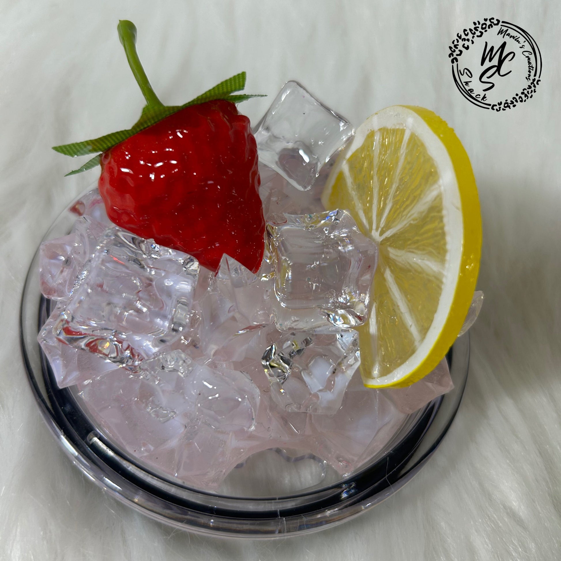 Strawberry Lemon and ice removable toppers and lid for different size tumblers. Fruit and Ice topper replacement lid. Tumbler top