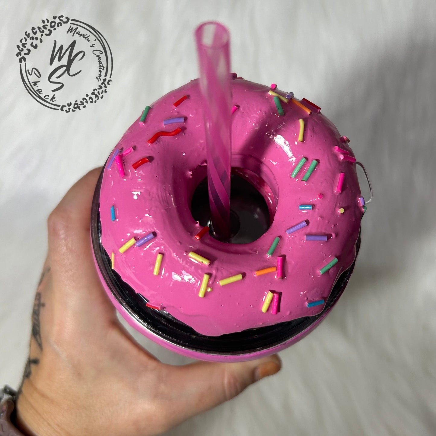 Donut, Pink Doughnut removable topper and lid for 30 and 20oz tumblers. Faux topper replacement lid. Tumbler top