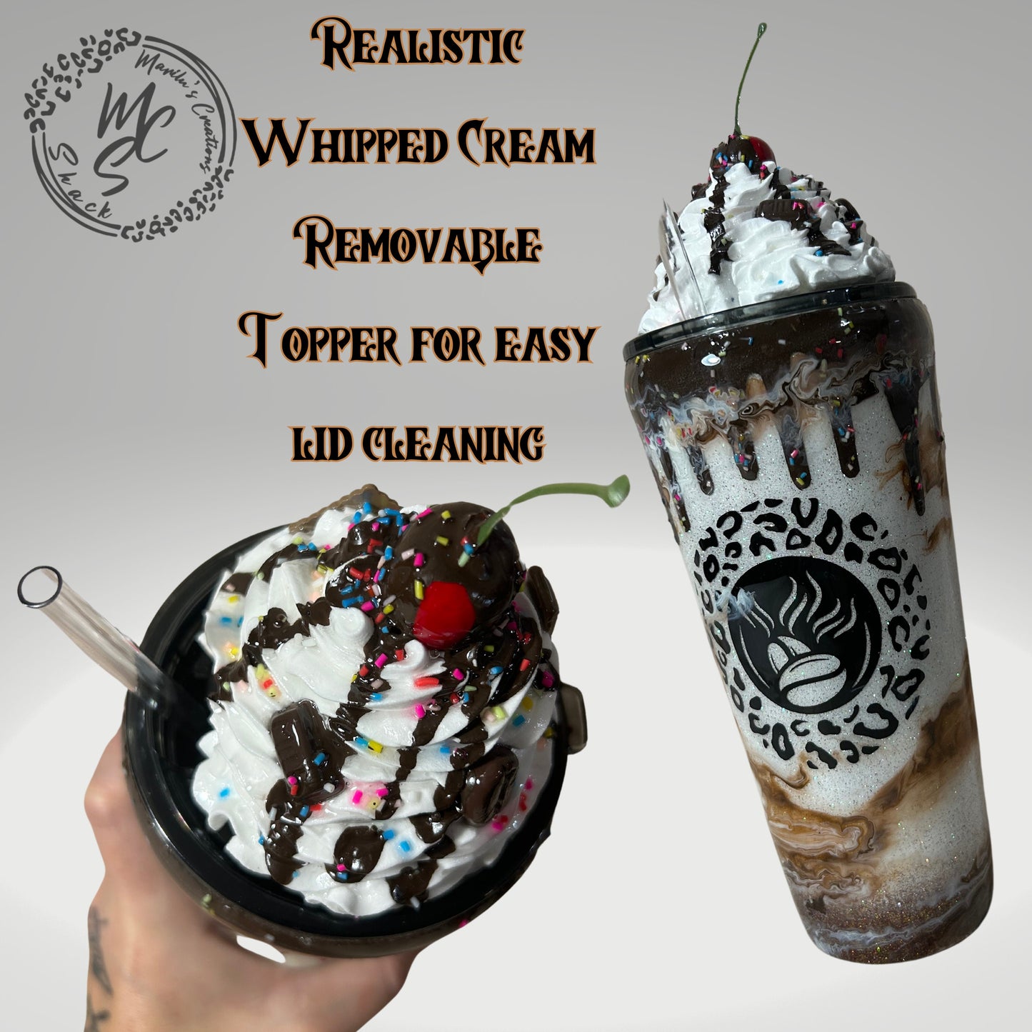 Chocolate Mocha tumbler, custom 3d tumbler with realistic whipped cream removable topper and chocolate drizzle 3d dripping glitter cup.