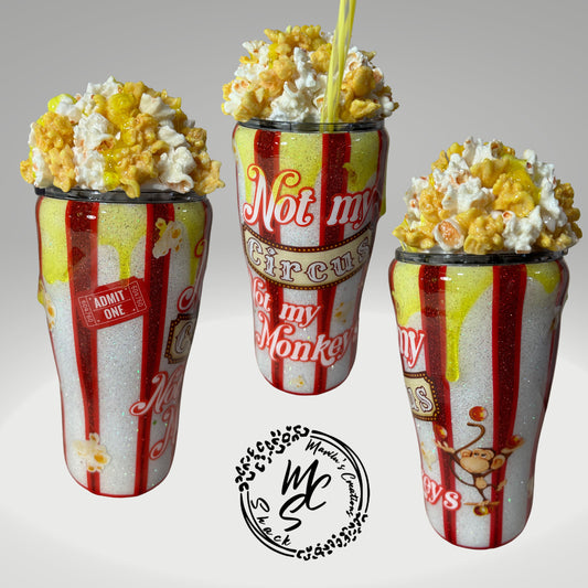 Popcorn Tumbler with 3D removable topper with realistic kernels and 3d butter dripping, not my circus not my monkeys, red and white glitter