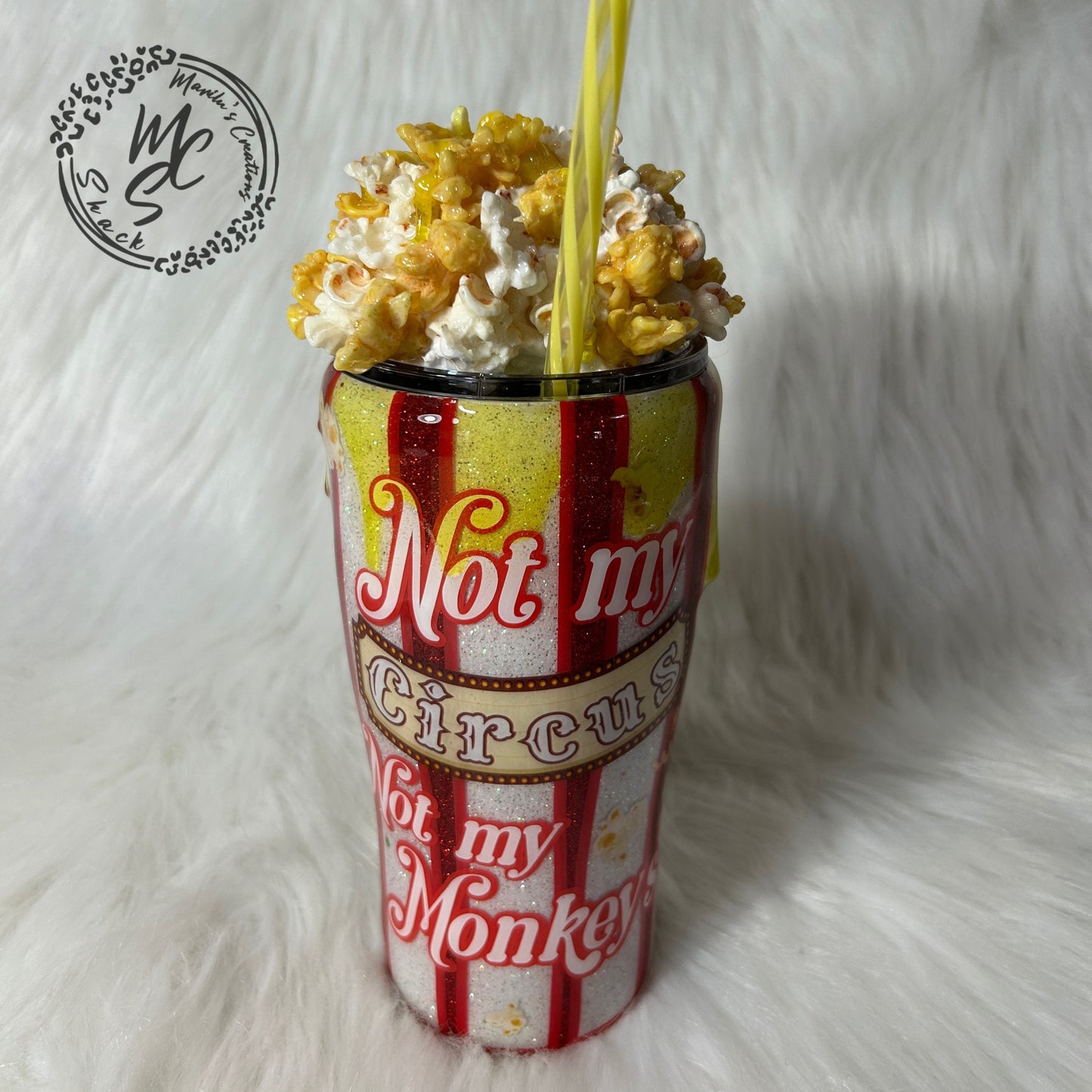 Popcorn Tumbler with 3D removable topper with realistic kernels and 3d butter dripping, not my circus not my monkeys, red and white glitter