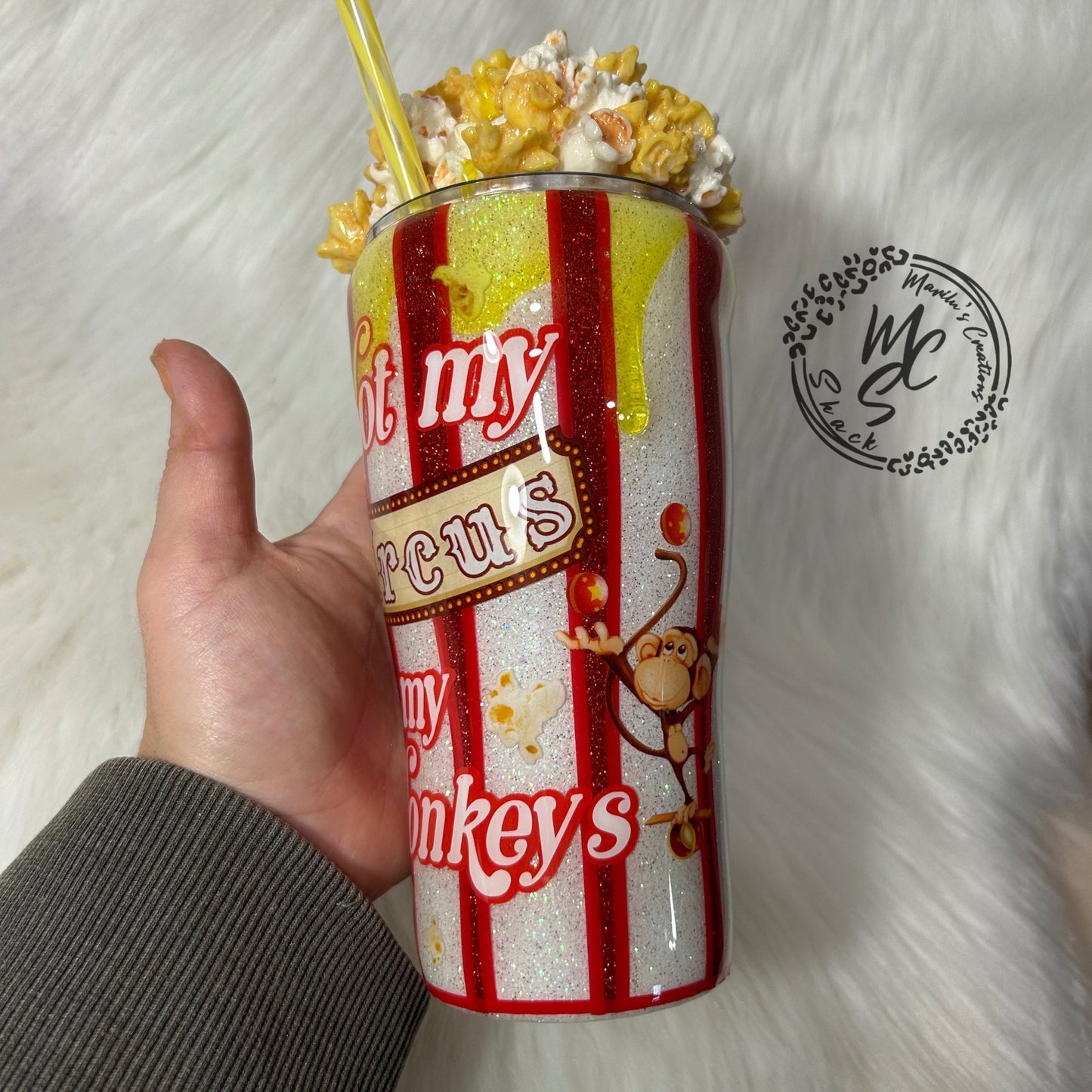 Popcorn Tumbler with 3D removable topper with realistic kernels and 3d butter dripping, not my circus not my monkeys, red and white glitter