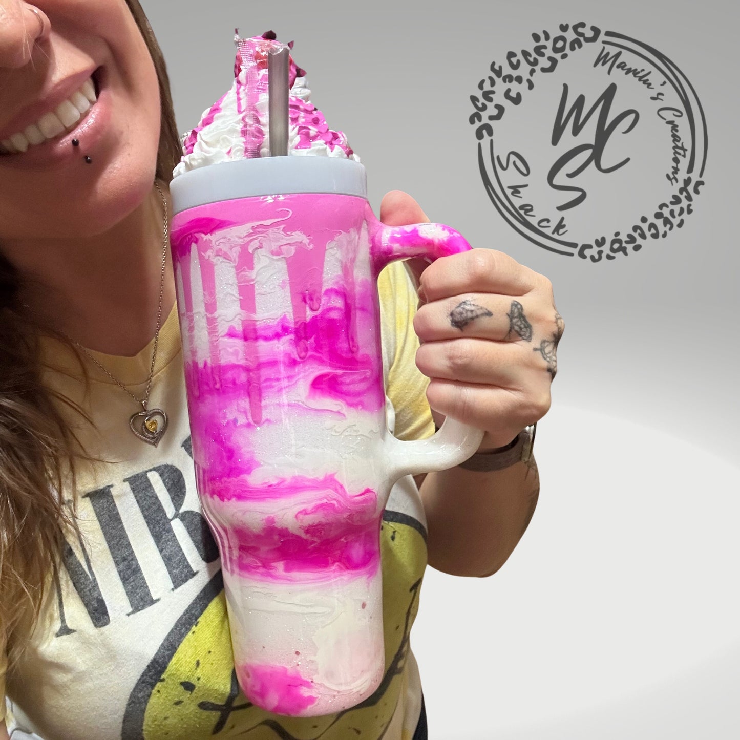 Berries and Cream mocha 3D Custom Tumbler, whipped cream with cherry top and gummy bears topper glitter tumbler with pink dripping sprinkles