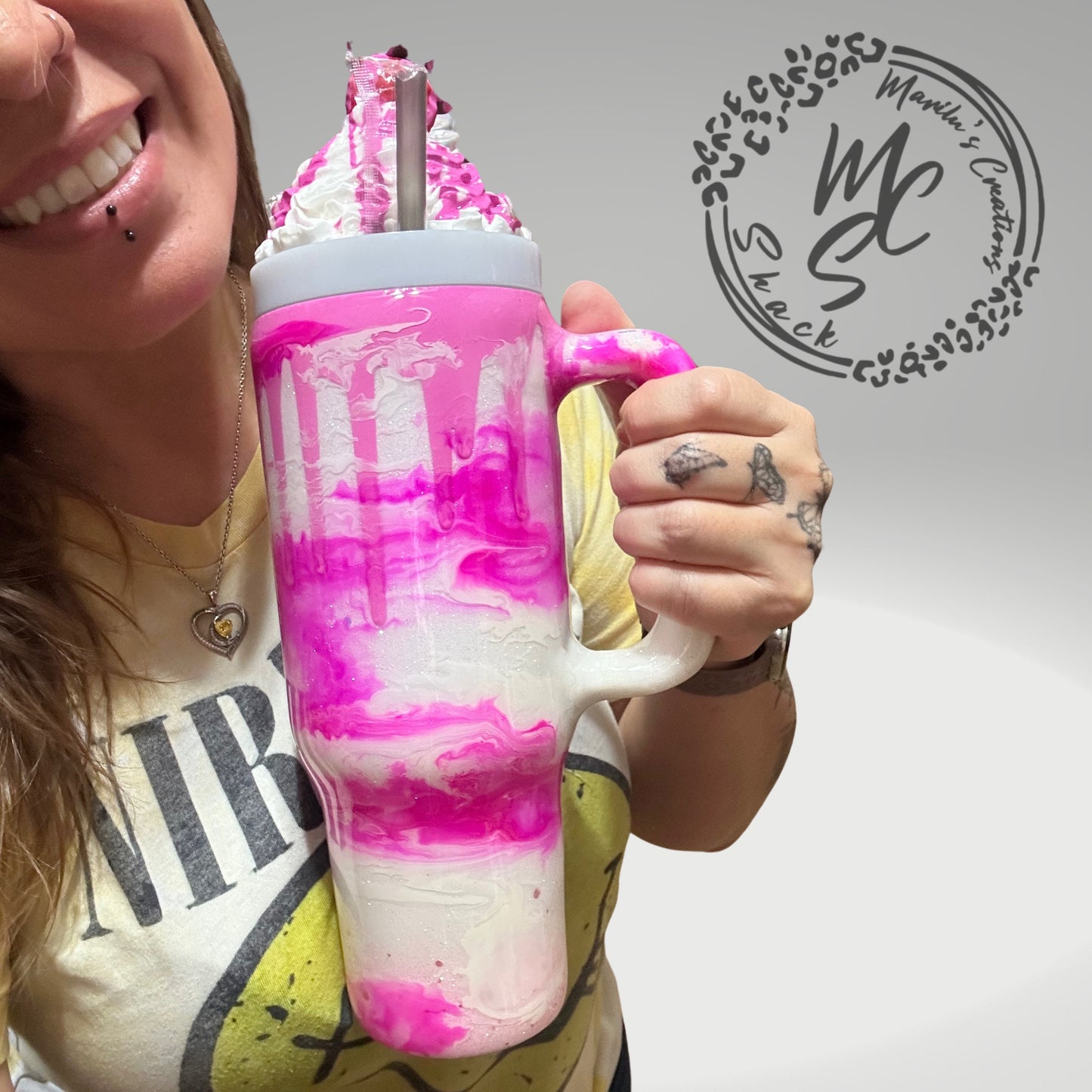 Berries and Cream mocha 3D Custom Tumbler, whipped cream with cherry top and gummy bears topper glitter tumbler with pink dripping sprinkles