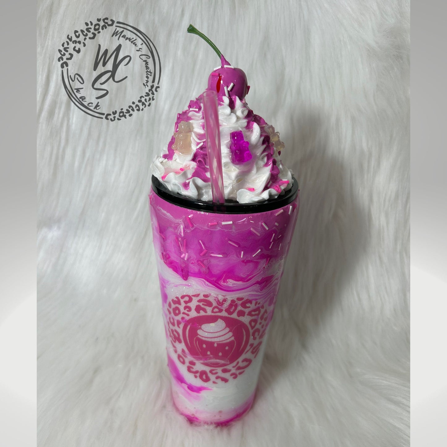 Berries and Cream mocha 3D Custom Tumbler, whipped cream with cherry top and gummy bears topper glitter tumbler with pink dripping sprinkles