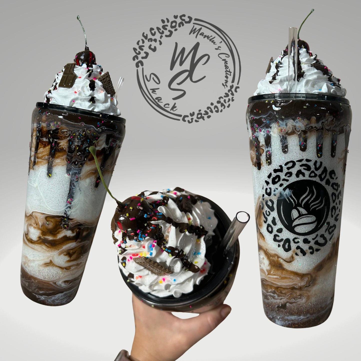 Chocolate Mocha tumbler, custom 3d tumbler with realistic whipped cream removable topper and chocolate drizzle 3d dripping glitter cup.