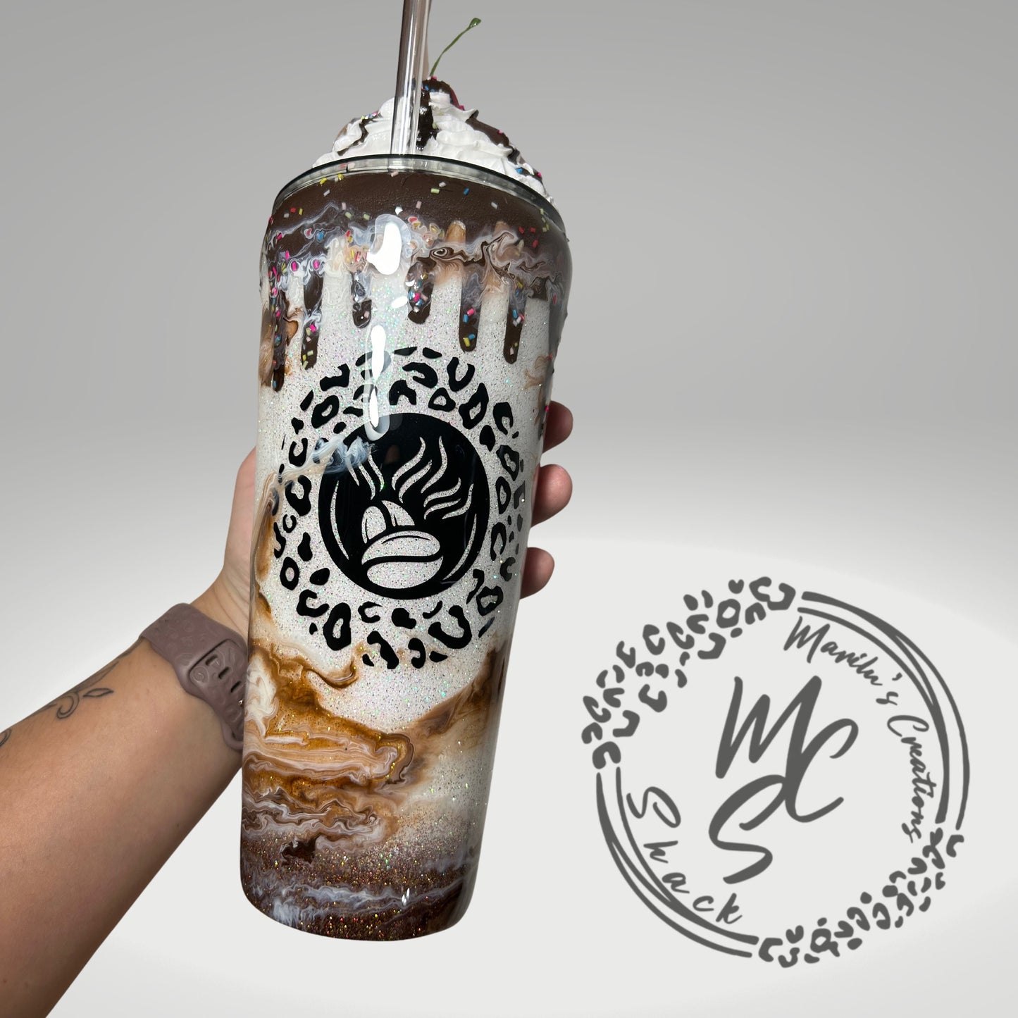 Chocolate Mocha tumbler, custom 3d tumbler with realistic whipped cream removable topper and chocolate drizzle 3d dripping glitter cup.