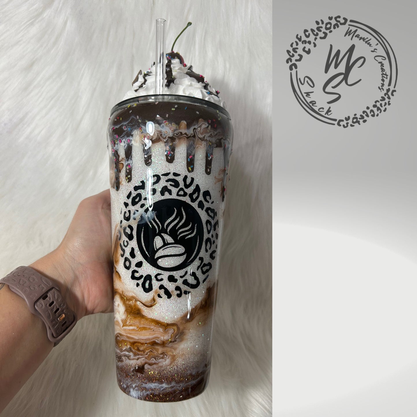 Chocolate Mocha tumbler, custom 3d tumbler with realistic whipped cream removable topper and chocolate drizzle 3d dripping glitter cup.