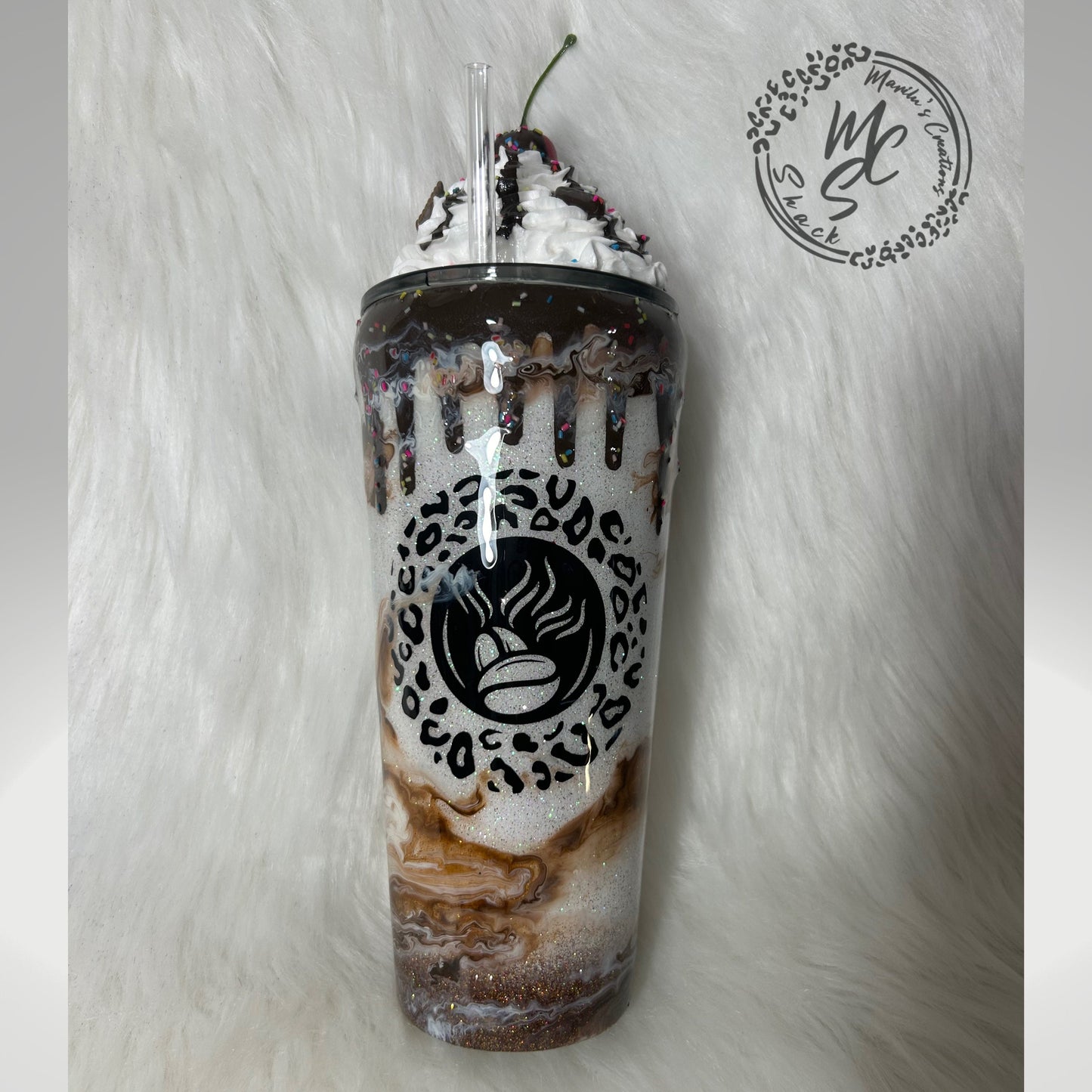 Chocolate Mocha tumbler, custom 3d tumbler with realistic whipped cream removable topper and chocolate drizzle 3d dripping glitter cup.
