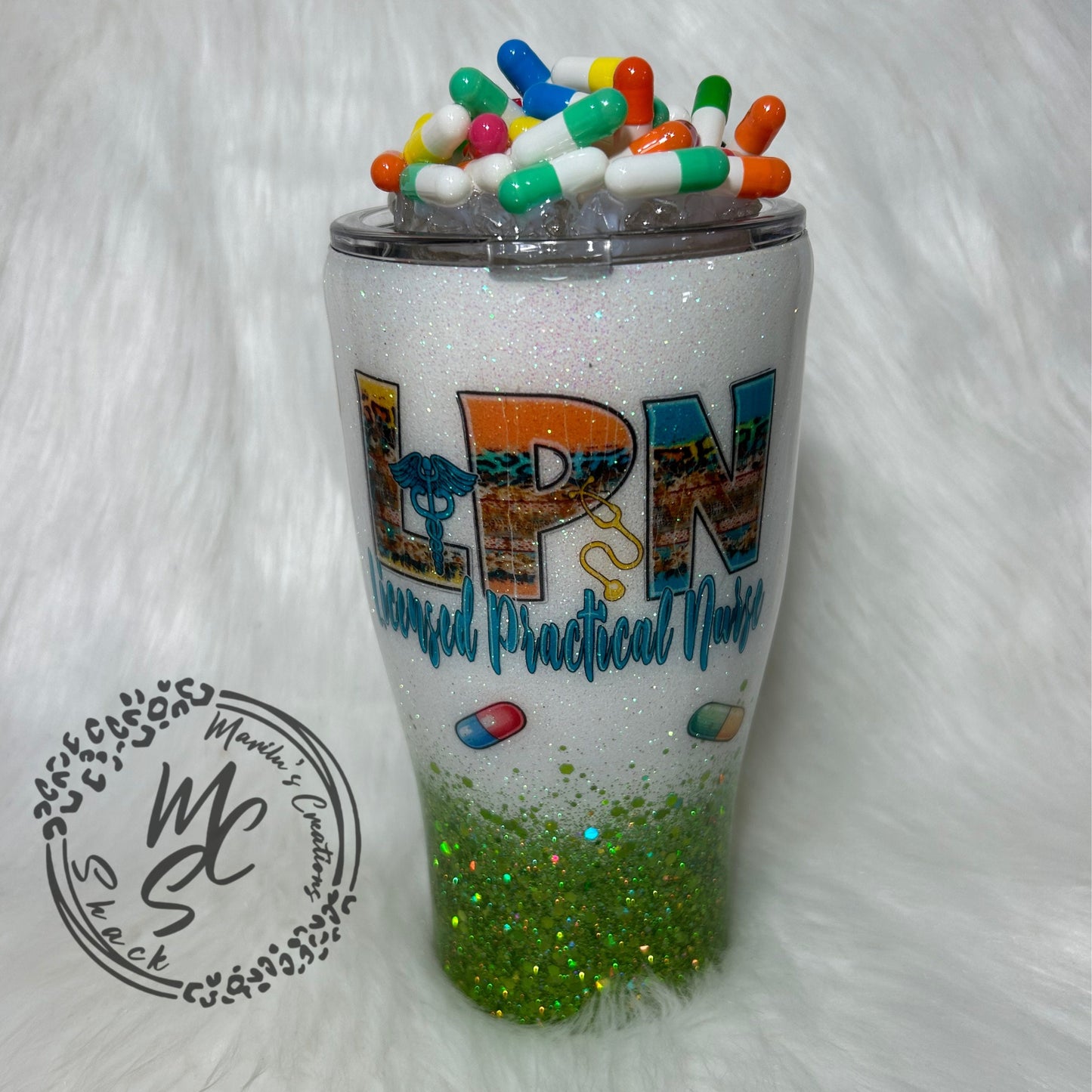 LPN tumbler with 3D fake pills removable topper, white and green glitter Licensed Practical Nurse Cup. Bottom glitter color can be changed.
