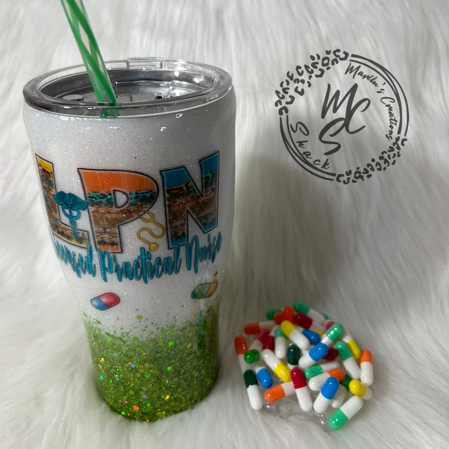 LPN tumbler with 3D fake pills removable topper, white and green glitter Licensed Practical Nurse Cup. Bottom glitter color can be changed.