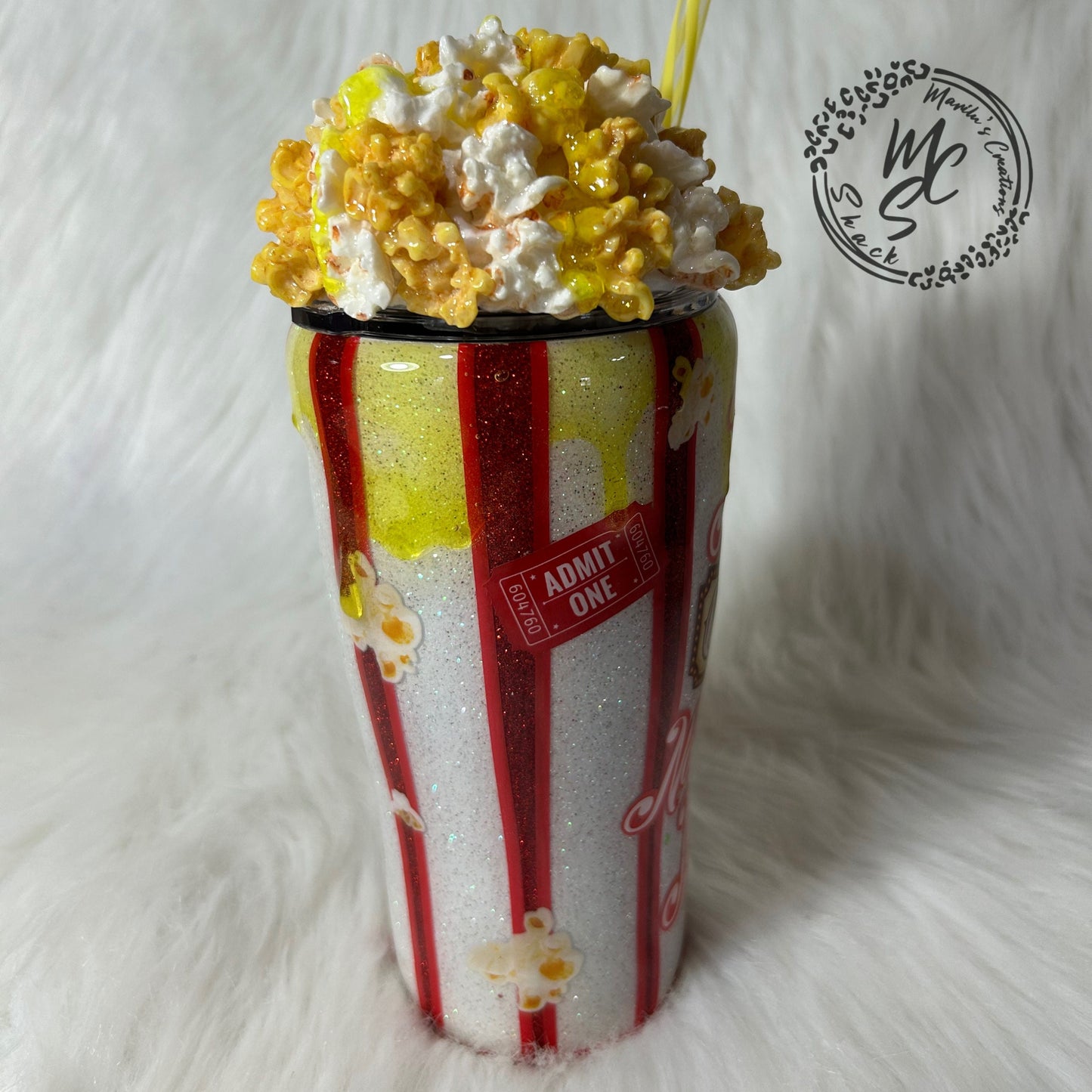 Popcorn Tumbler with 3D removable topper with realistic kernels and 3d butter dripping, not my circus not my monkeys, red and white glitter