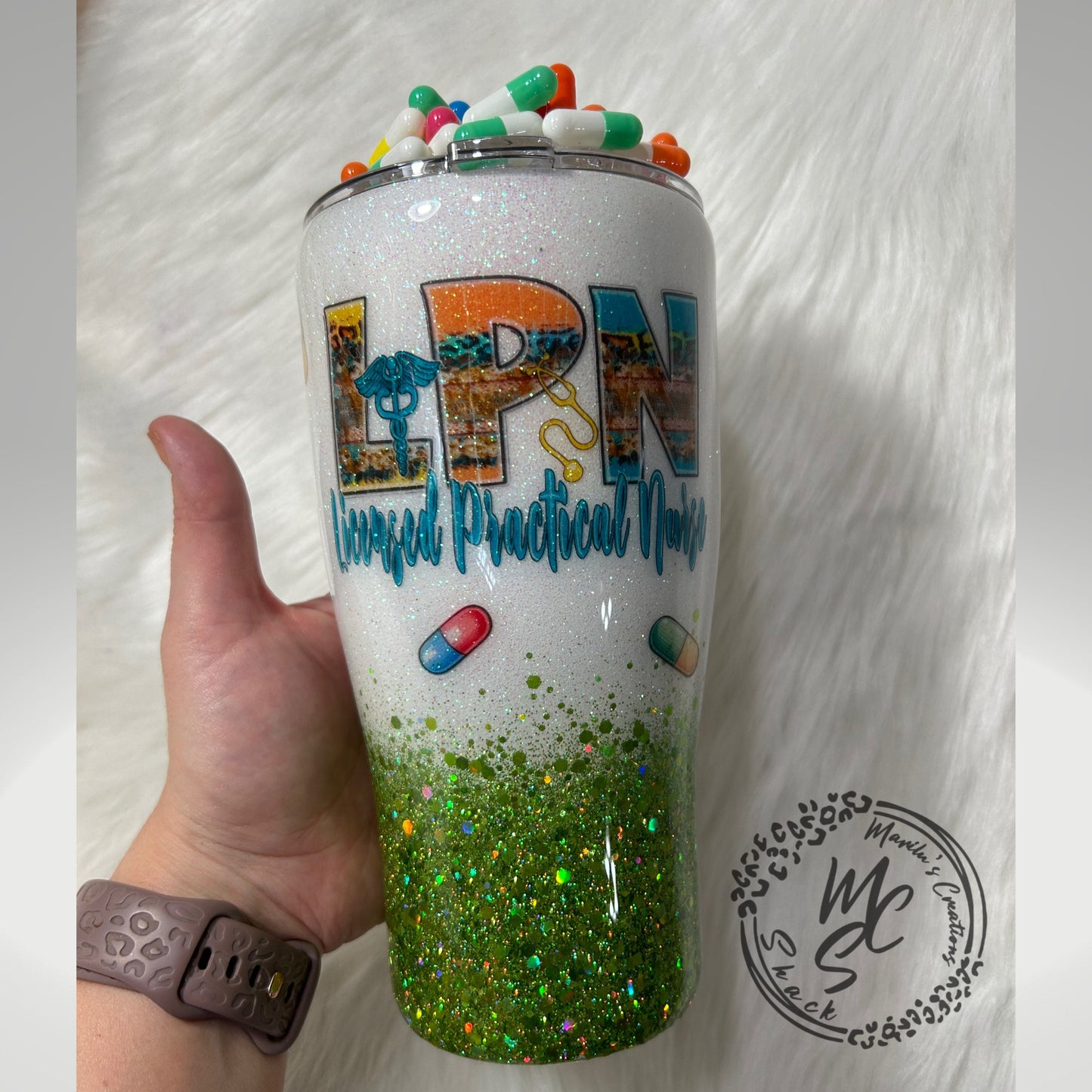 LPN tumbler with 3D fake pills removable topper, white and green glitter Licensed Practical Nurse Cup. Bottom glitter color can be changed.