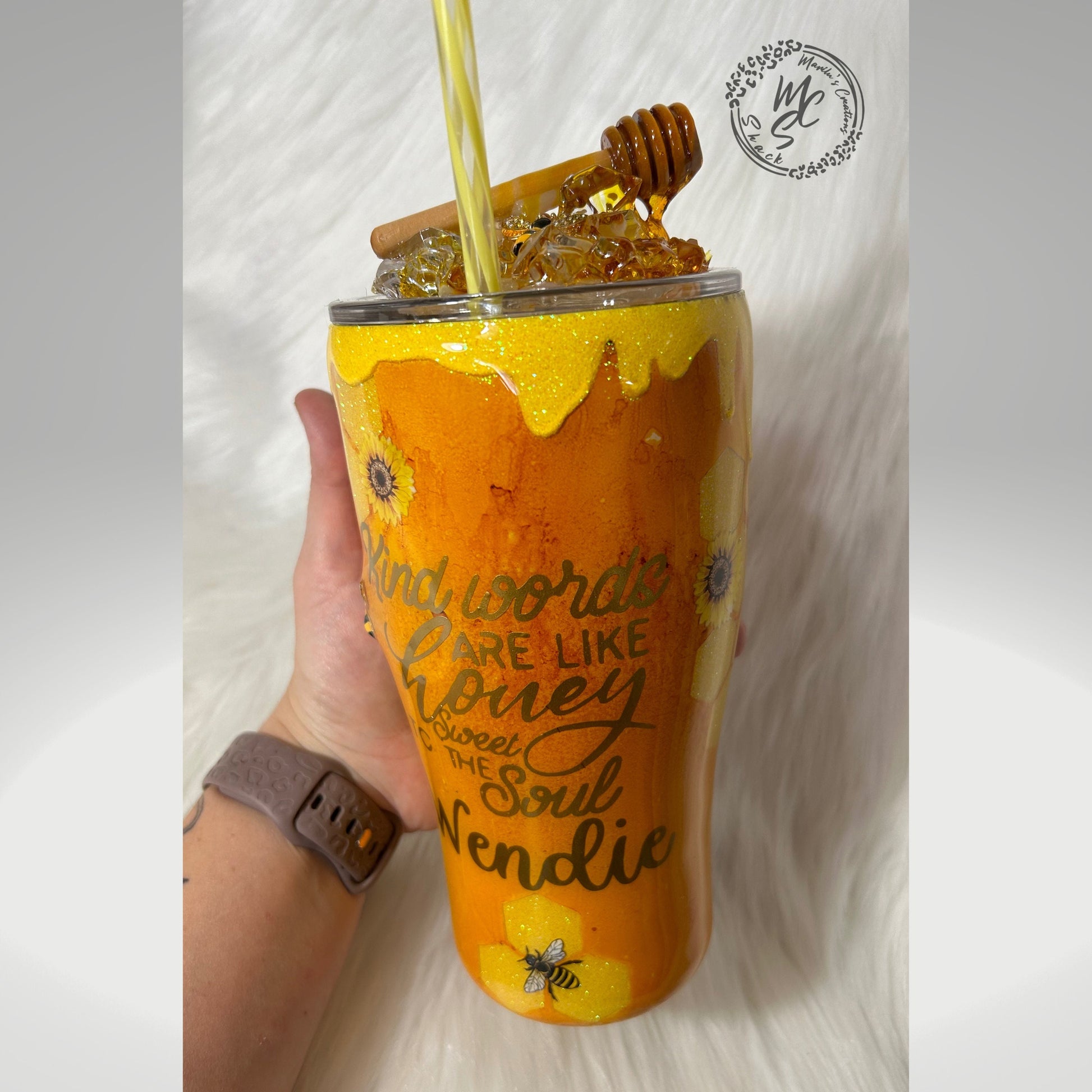 Bee Tumbler, honey bee and sunflowers 3D Tumbler with removable 3d Topper, 3d bees and honey dripping peekaboo yellow glitter tumbler.