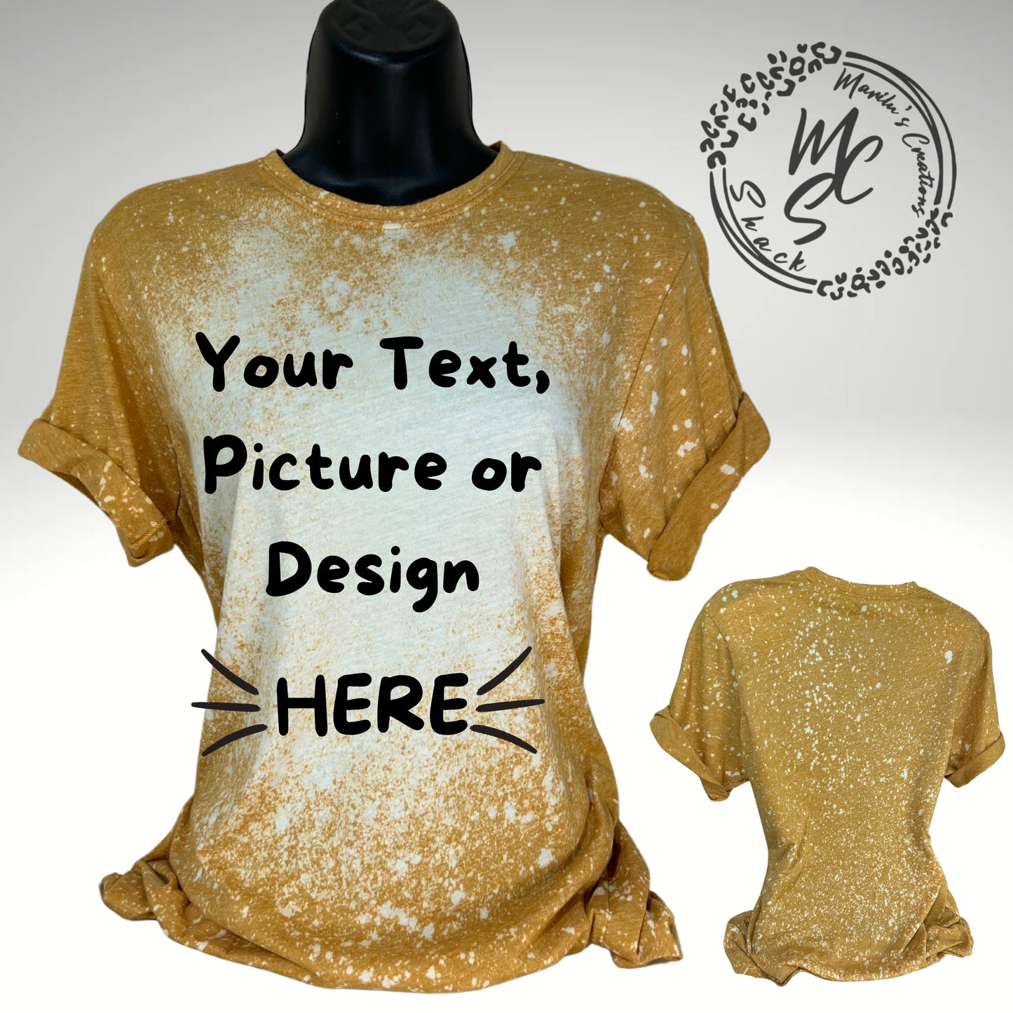 Custom Bleached Tee, Design your own t-shirt, Personalized photo shirt, custom photo shirt, any design bleach shirt, mustard color tee.