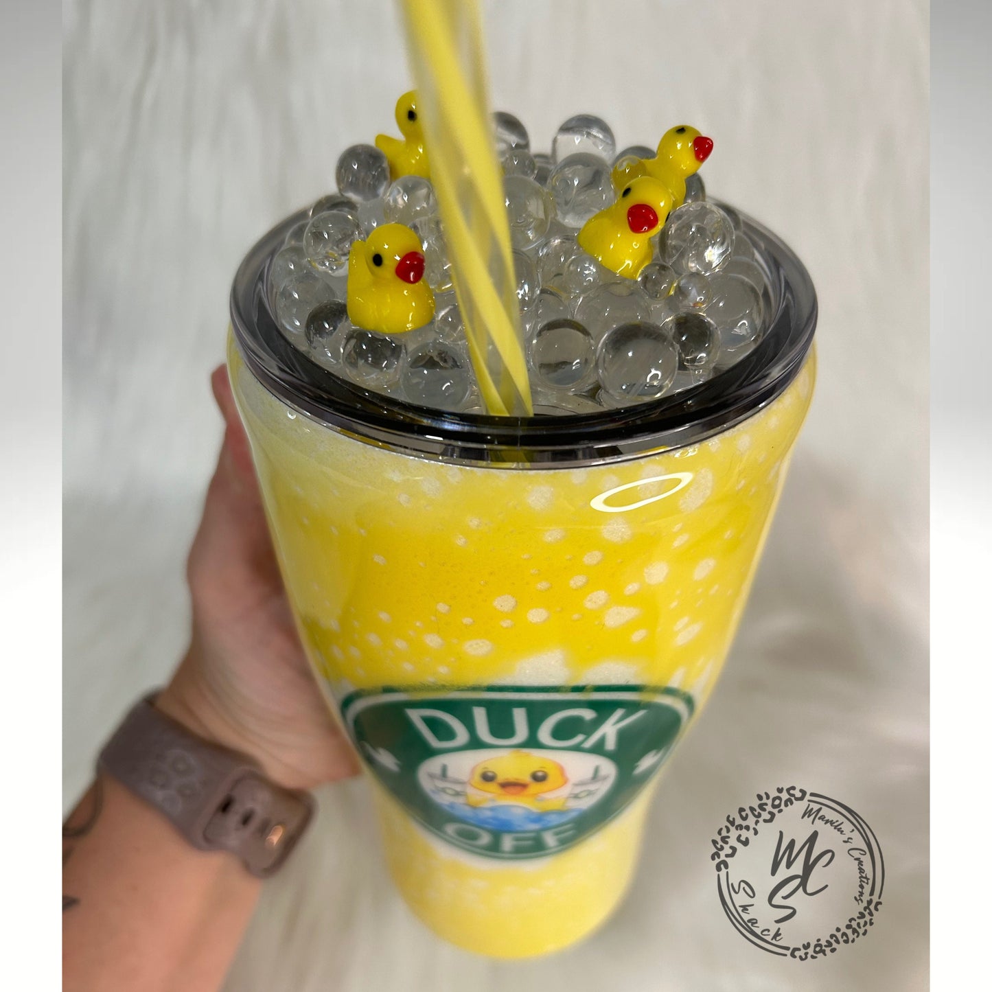Duck Tumbler with faux bubbles and ducks removable topper. Yellow Duck off cup. Glitter background tumbler. Rubber duck bubbles tumbler.