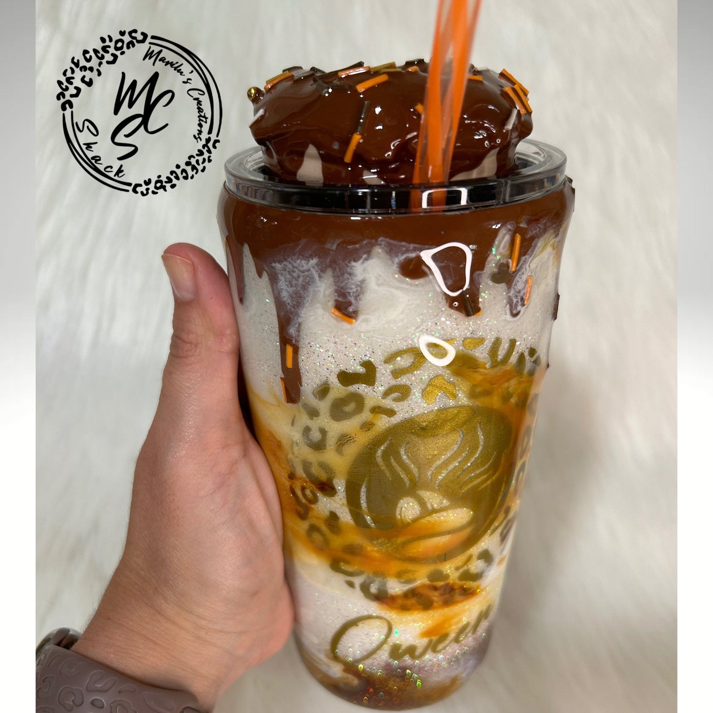 Caramel mocha donut Tumbler, 3d donut tumbler with caramel color dripping removable topper and sprinkles. 3d dripping glitter tumbler.