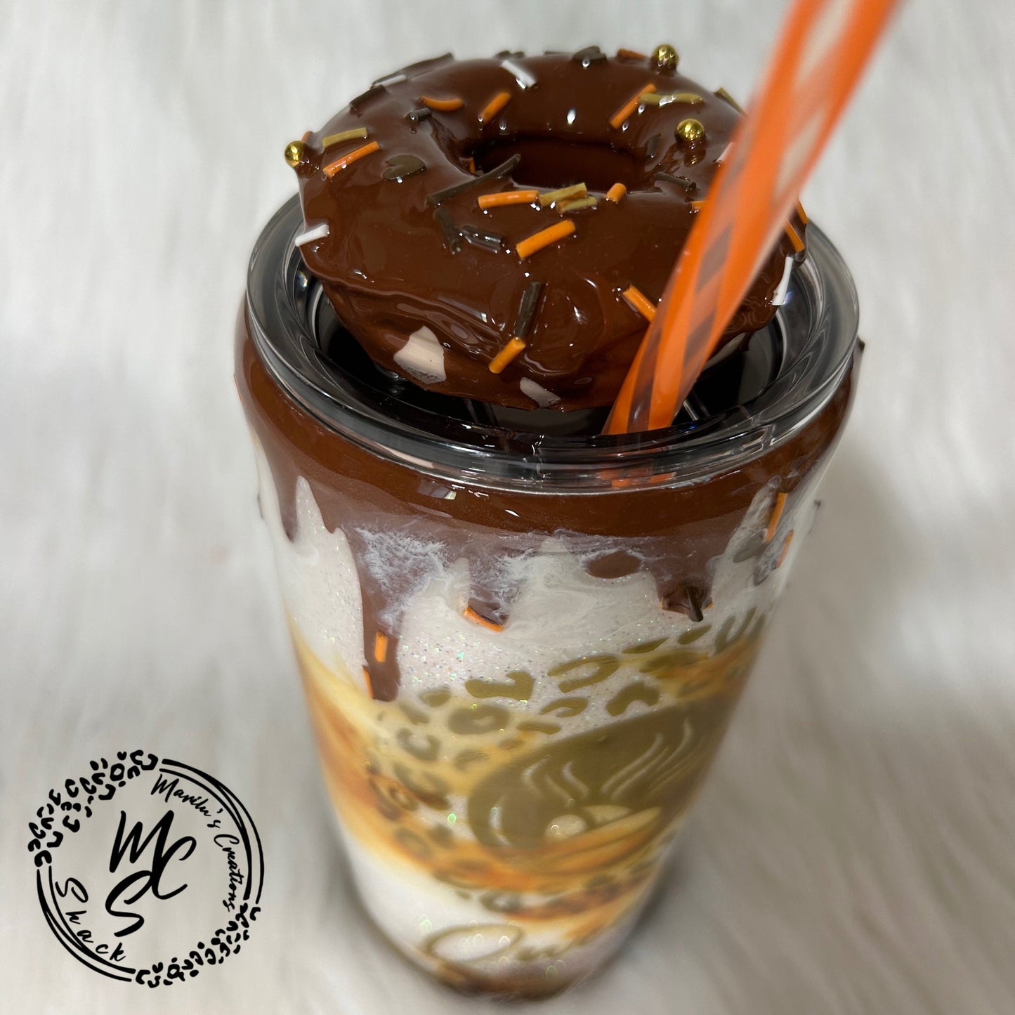 Caramel mocha donut Tumbler, 3d donut tumbler with caramel color dripping removable topper and sprinkles. 3d dripping glitter tumbler.