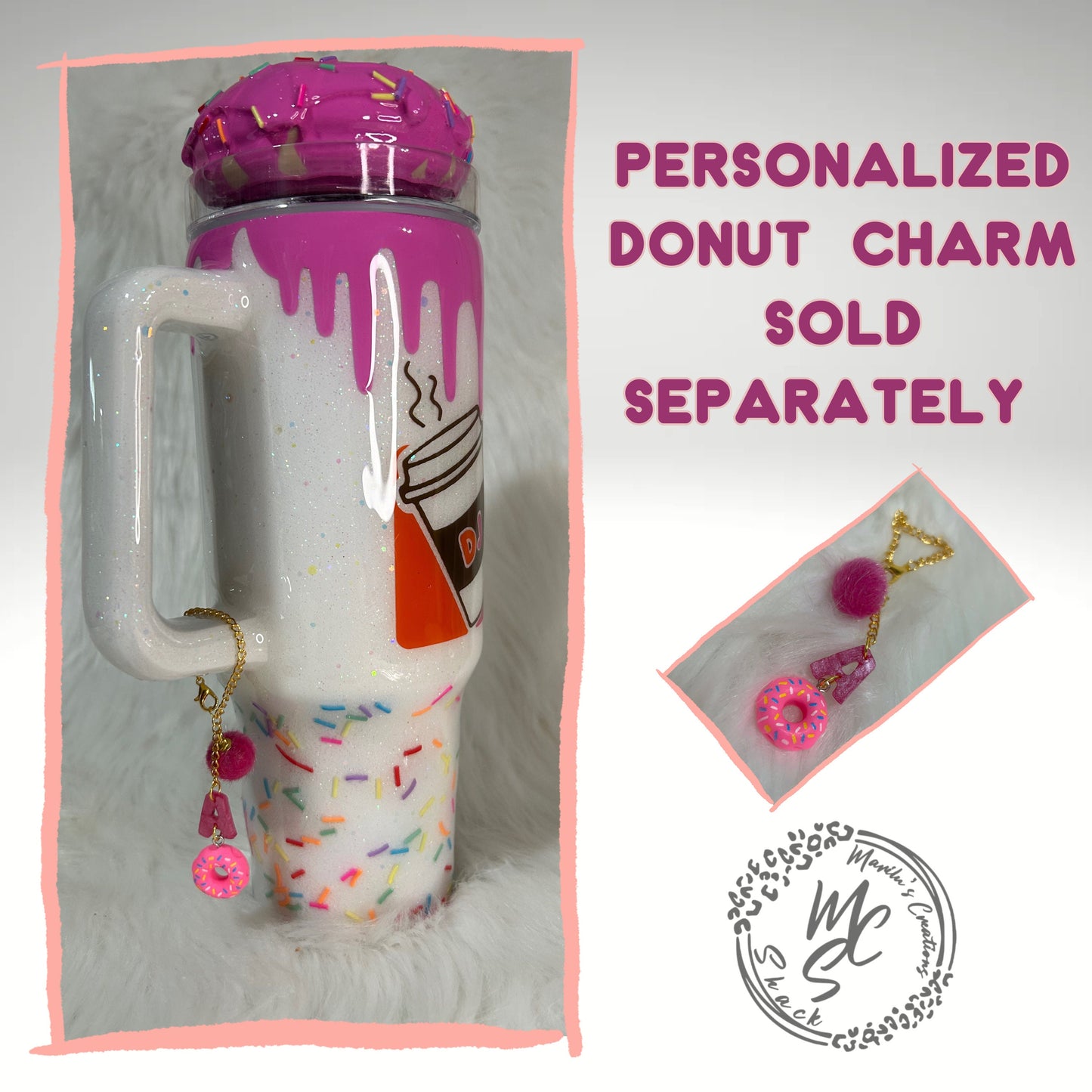 Dunkie Junkie Tumbler, 3d donut tumbler with pink dripping removable topper and sprinkles. 3d pink dripping glitter tumbler.