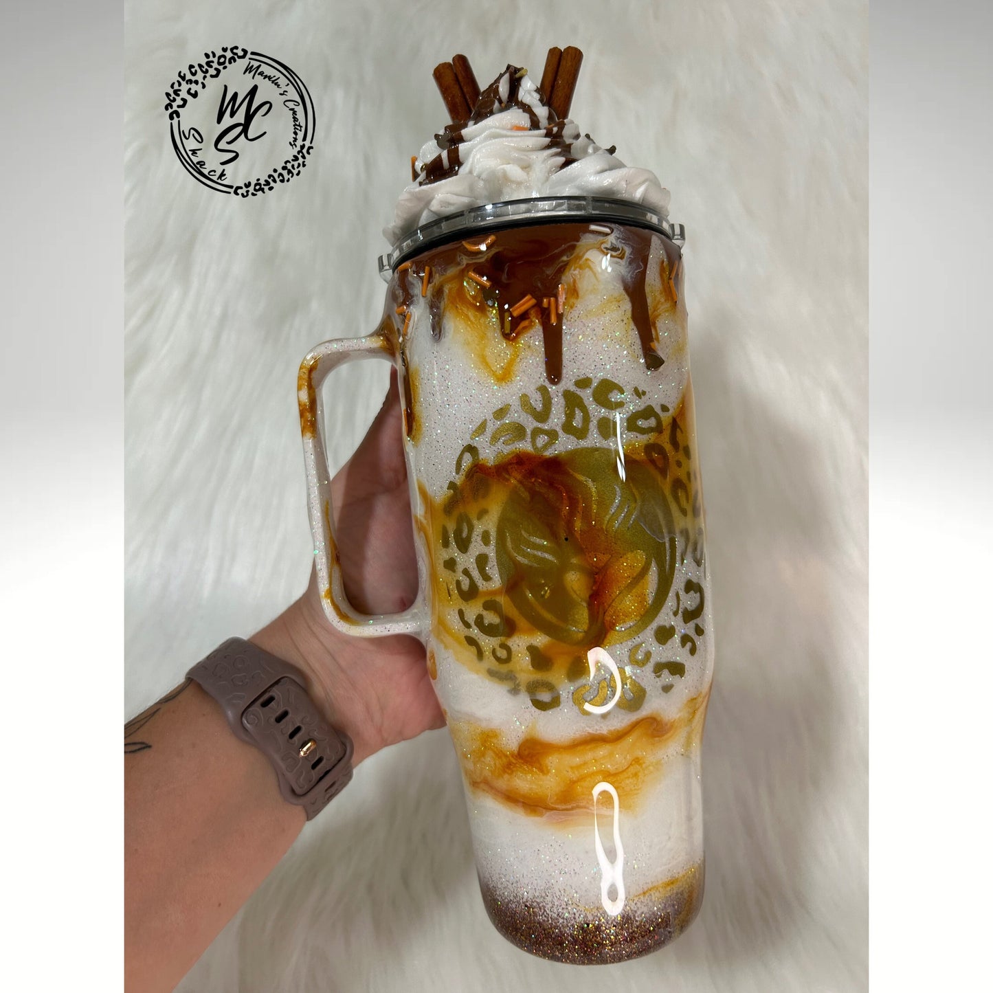 Caramel Mocha tumbler, customized personalized cup with realistic 3D whipped cream removable topper, caramel drizzle and 3d dripping.