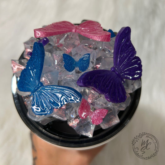 Butterflies topper and lid for different size tumblers. Pink, Blue and Purple butterflies removable topper replacement lid. Tumbler top.