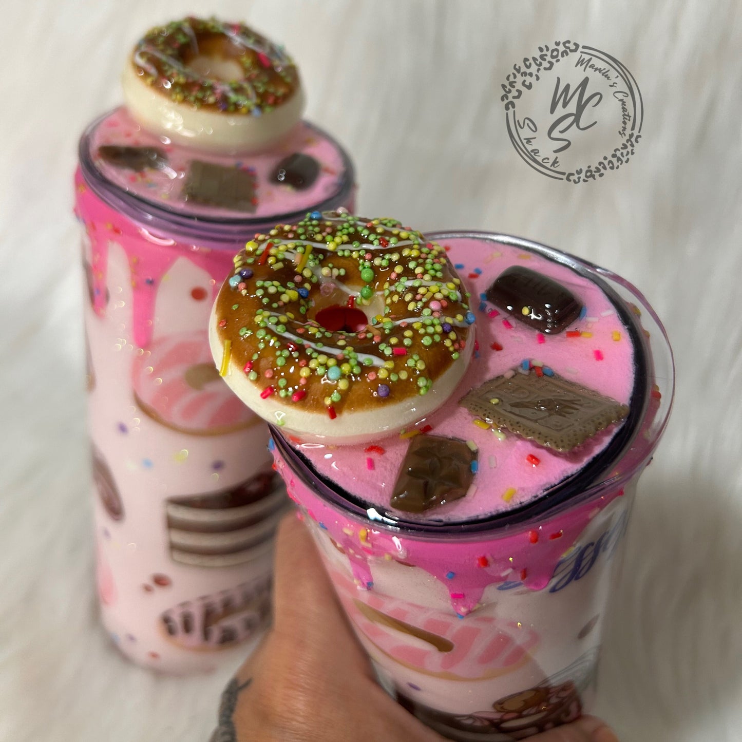 Doughnut Tumbler (20oz with straw) pink donut and pastries design with 3d donut topper not removable topper. Glitter cup