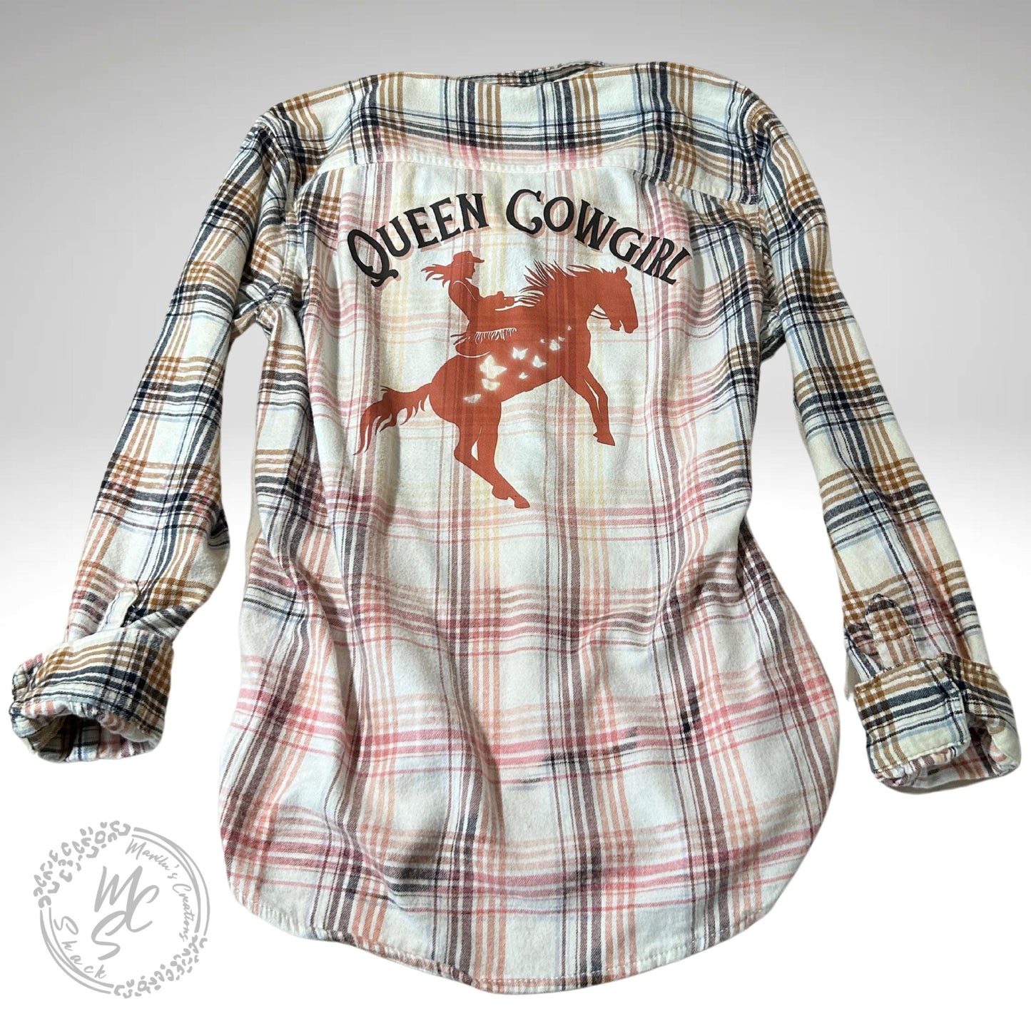 Bleached distressed, super soft real flannel, Queen Cowgirl Delicate Ivory color, horse and butterflies cowgirl flannel, gift for her.