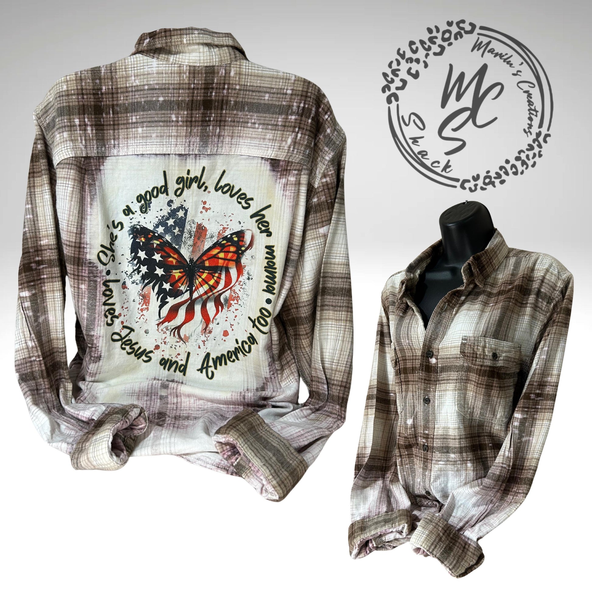 Bleached Distressed Flannel: Patriotic Butterfly Design
