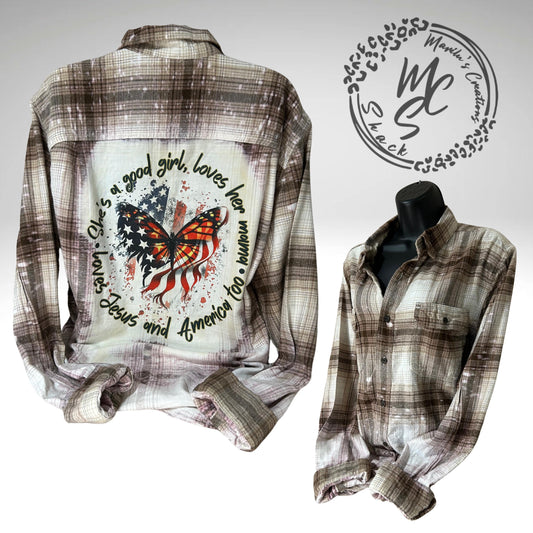 Bleached Distressed Flannel: Patriotic Butterfly Design