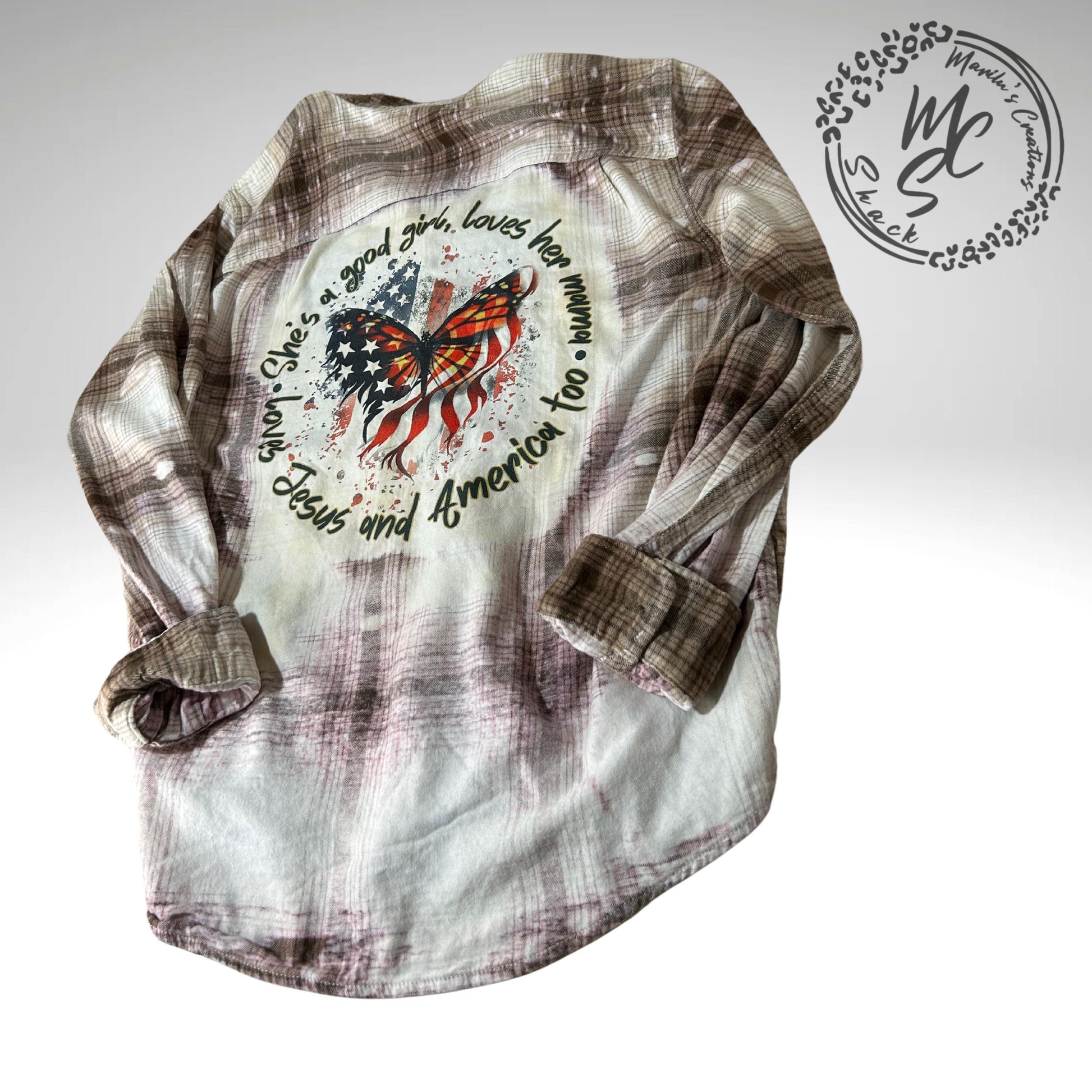 Bleached Distressed Flannel: Patriotic Butterfly Design