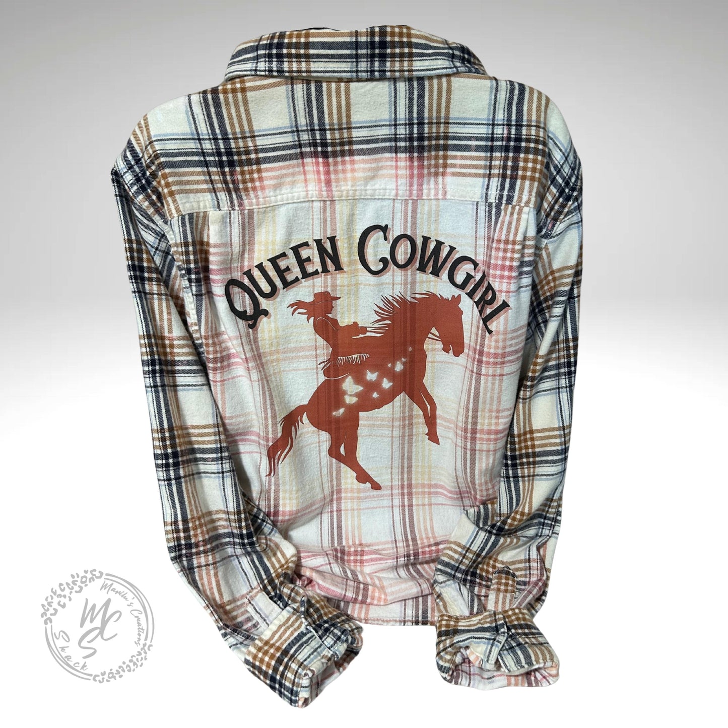 Bleached distressed, super soft real flannel, Queen Cowgirl Delicate Ivory color, horse and butterflies cowgirl flannel, gift for her.