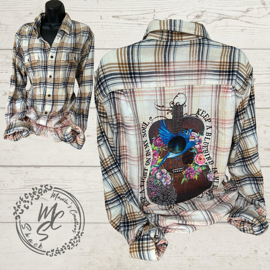 Bleached Flannel Shirt: Guitar, Bluebird & Floral Design