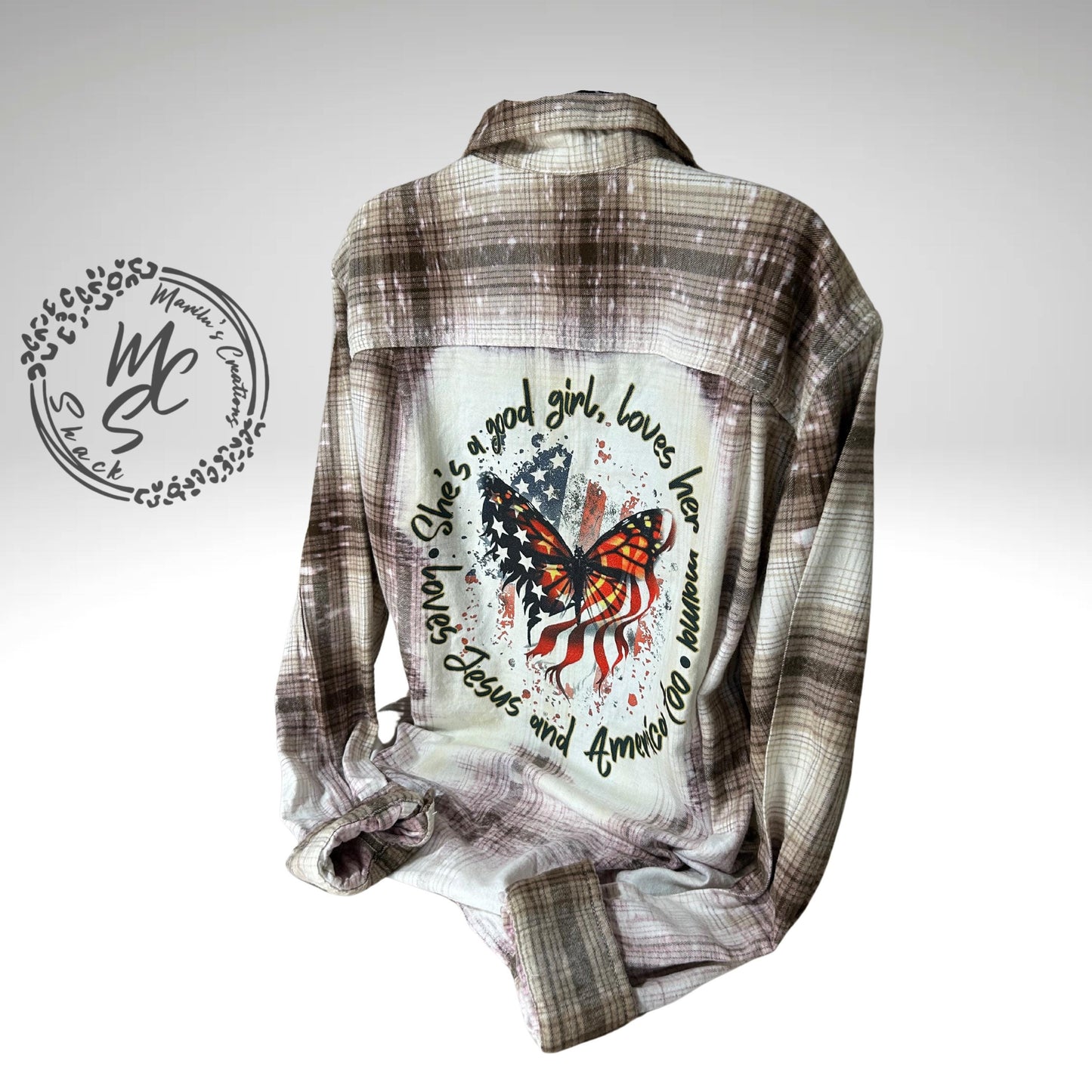 Bleached Distressed Flannel: Patriotic Butterfly Design