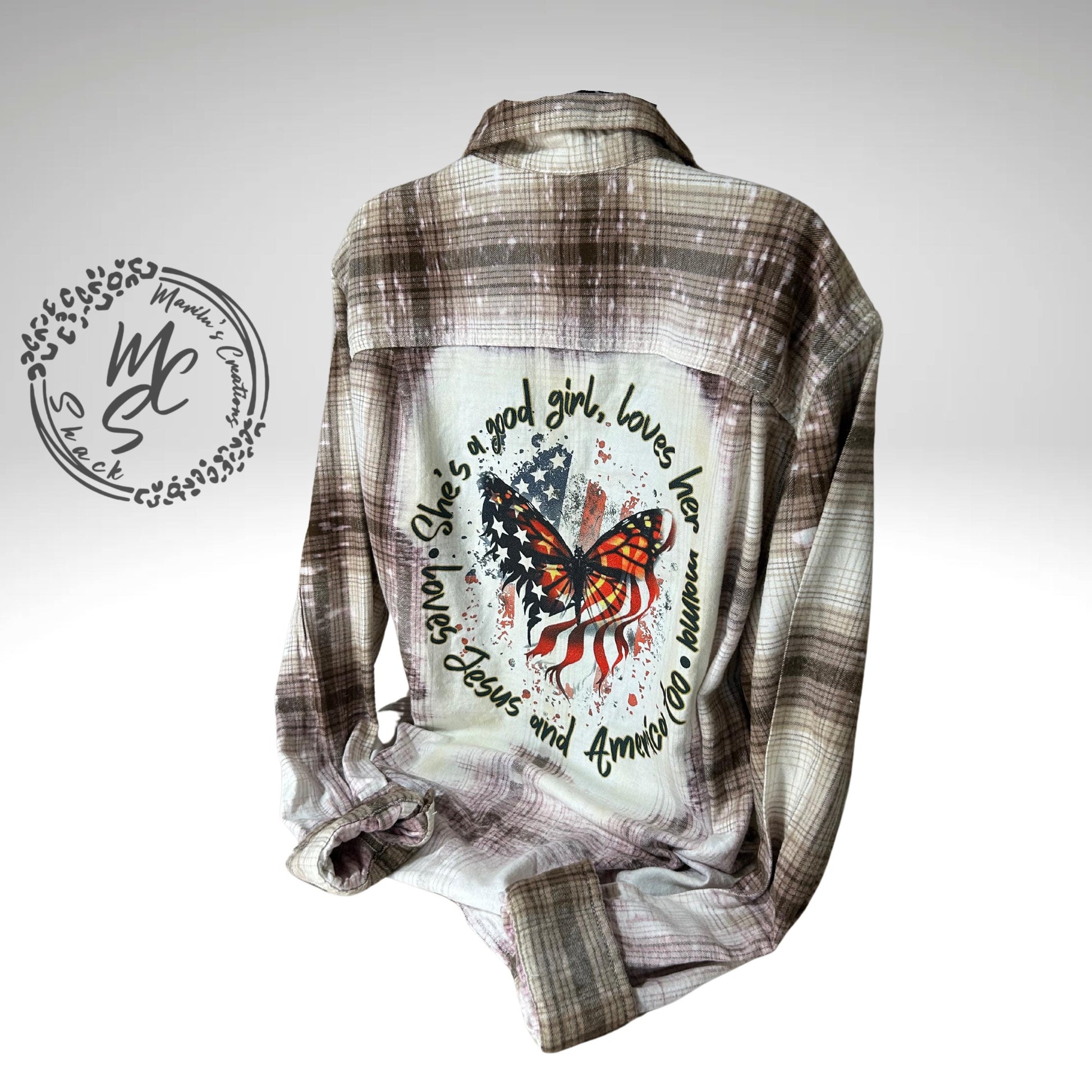 Bleached Distressed Flannel: Patriotic Butterfly Design