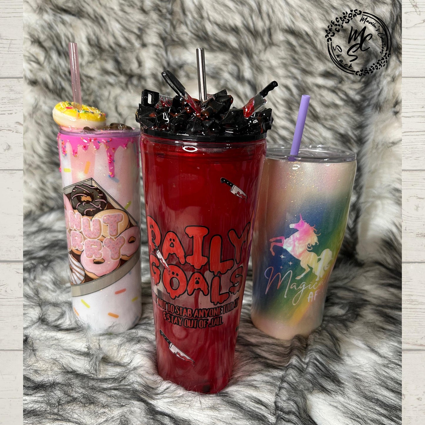 Ready to ship Tumblers, Daily Goals Snowglobe Lava, Donut worry and peace for Unicorn Magical AF tumbler, last minute gifts.