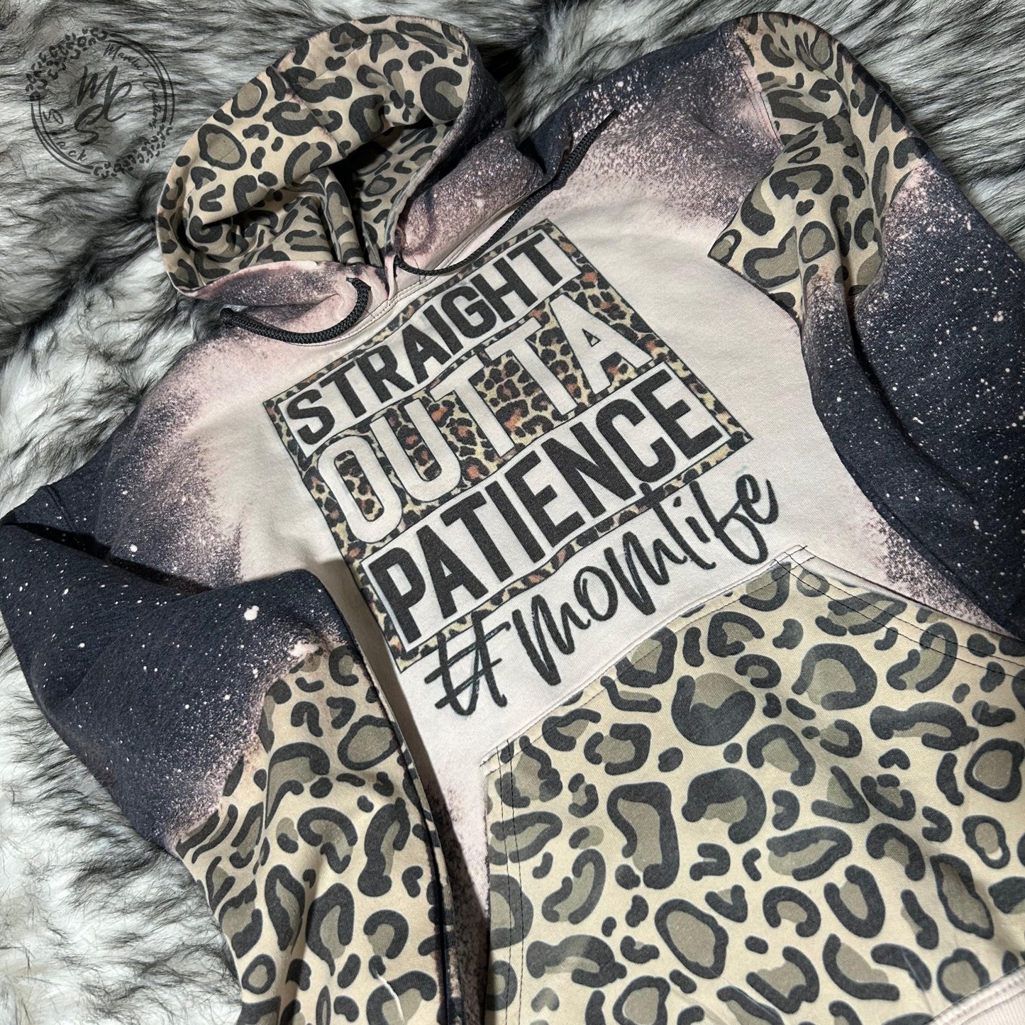Bleached distressed Hoodie (straight outta patience mom hoodie) #momlife pullover sweater, leopard print. Choose your hood print placement.