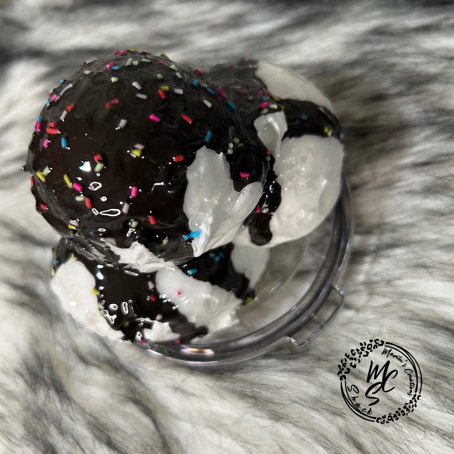 Ice cream with chocolate and sprinkles removable topper and lid for different size tumblers. Faux topper replacement lid. Tumbler top