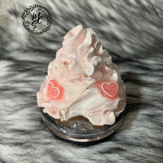 Whipped cream Valentines topper with fake heart shaped candy, removable topper and lid for different size tumblers. Faux topper.