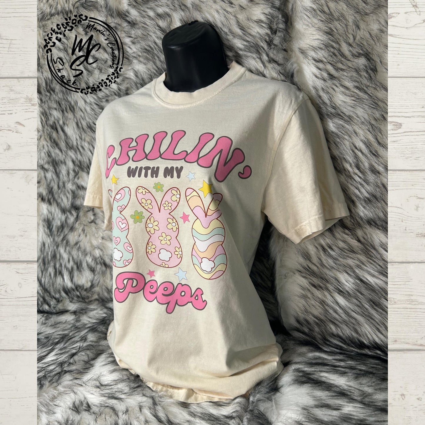 Comfort Colors Chillin with my Peeps shirt, Easter t-shirt, Retro Easter Bunny Shirt, Gift for her. Gift for Easter. Ivory Color Tee.