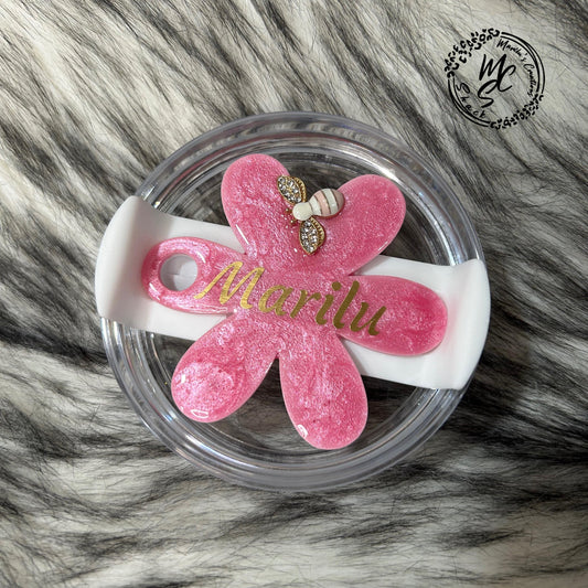 Personalized Stanley Tumbler Topper, Flower Lid Topper, Pink Shimmer Lid, 3d Bee Tumbler Flower Topper, Glitter Tumbler, Resin Lid Decor