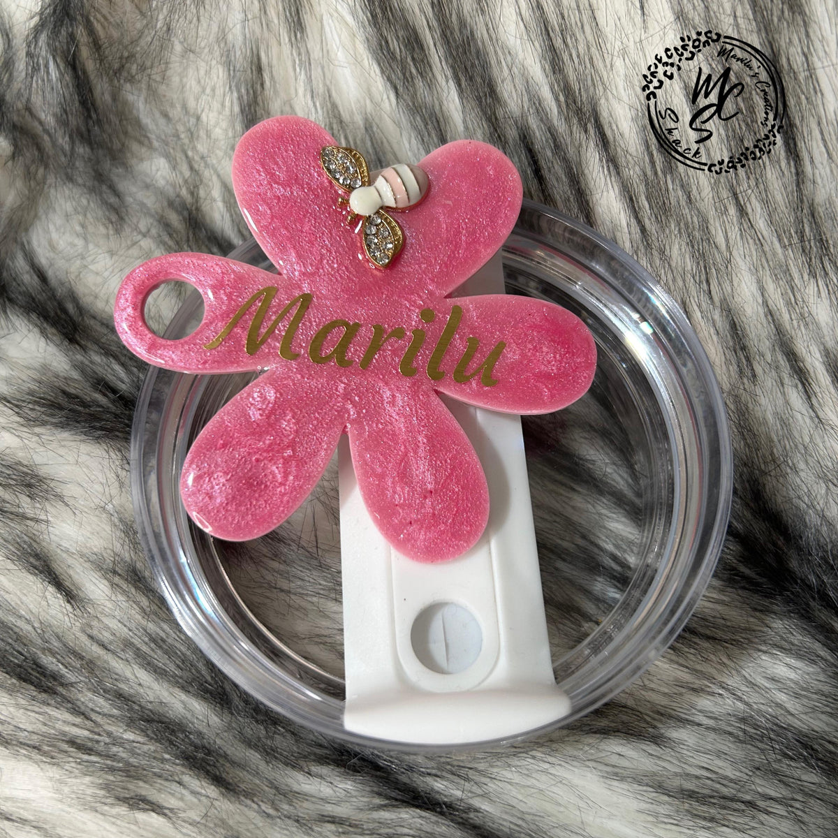 Personalized Stanley Tumbler Topper: Pink Shimmer Flower, 3D Bee, Glitter Resin