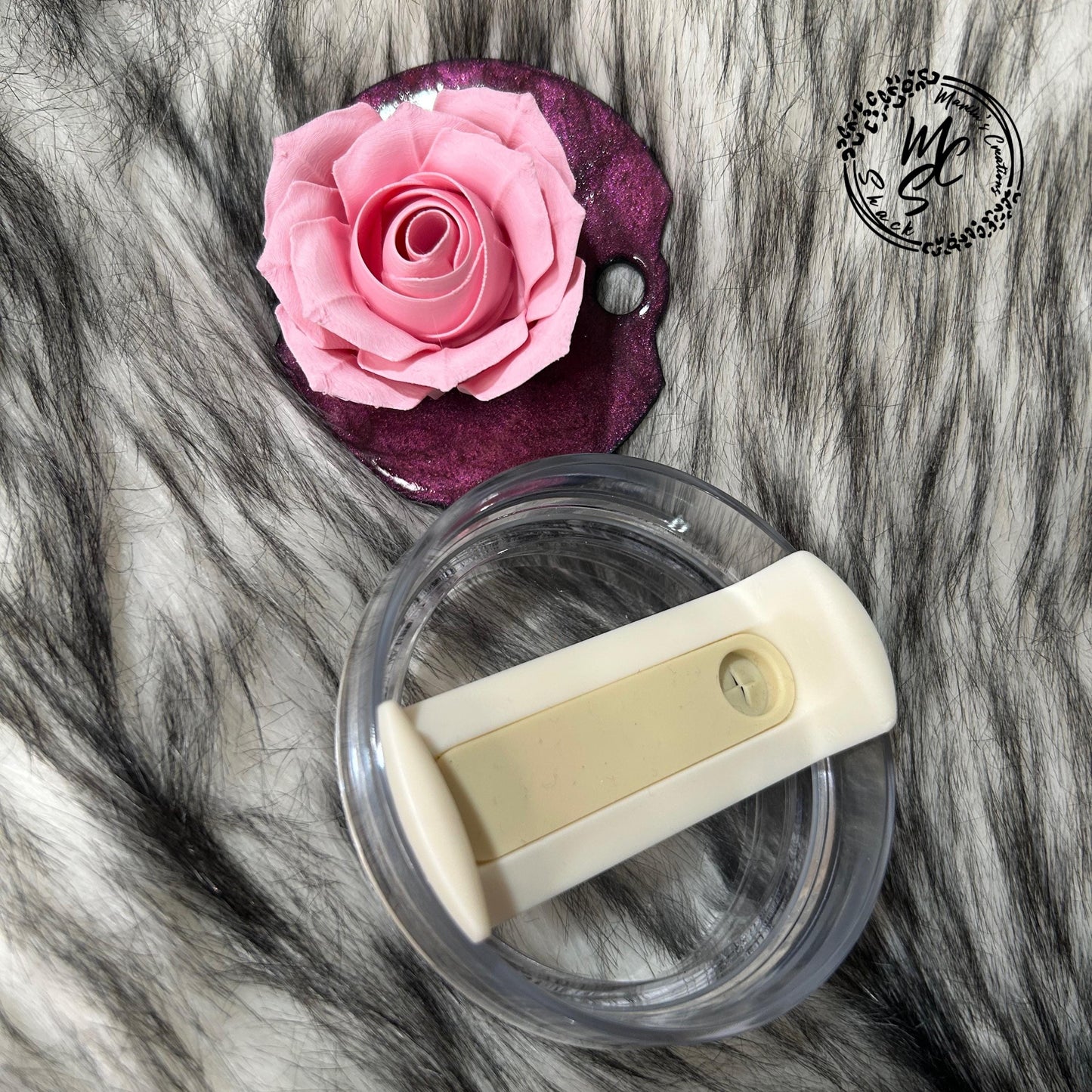 3D Pink Rose Stanley Tumbler Topper: Shimmer Base, Floral Accessory