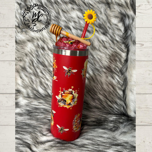 Honey Bees and Flowers on a red Tumbler w/ removable 3D Bees charms and honey drip Topper. Ready to ship 20oz Tumbler with red Straw.